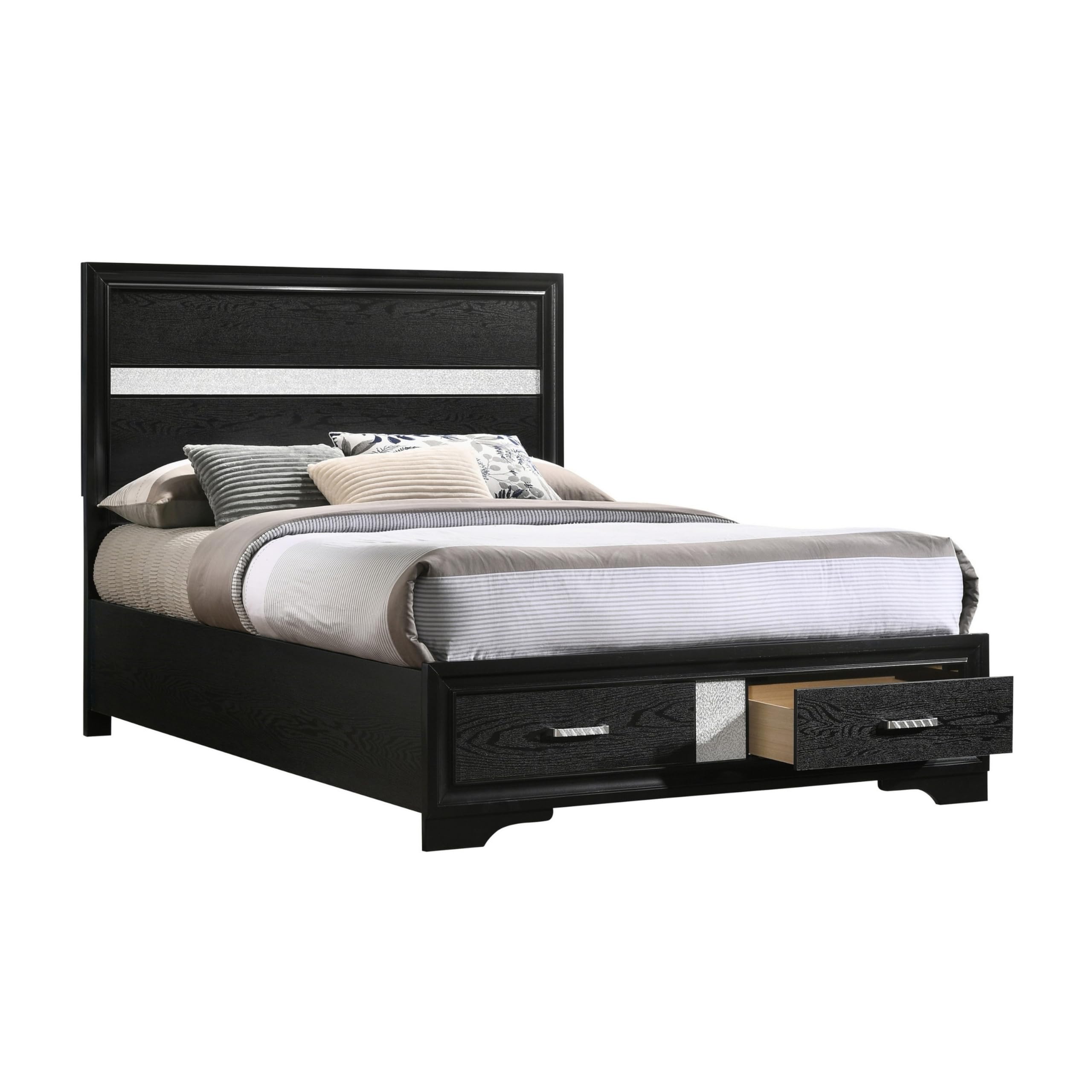 Vino Full Size Panel Bed with 2 Storage Drawers, Acrylic Glitter, Black