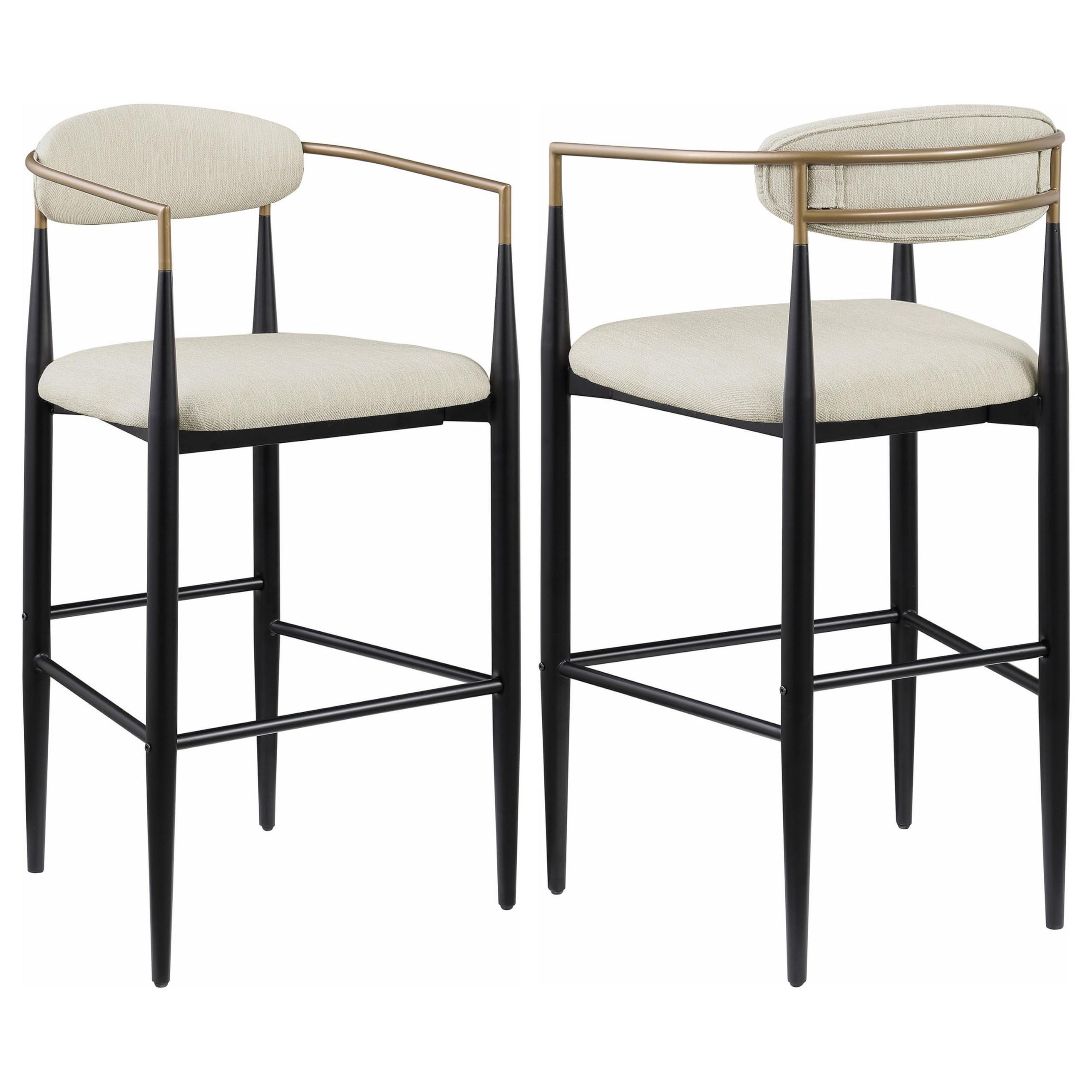 Tiara Bar Chair Set of 2, Beige Fabric, Gold Black Metal 30 Inch