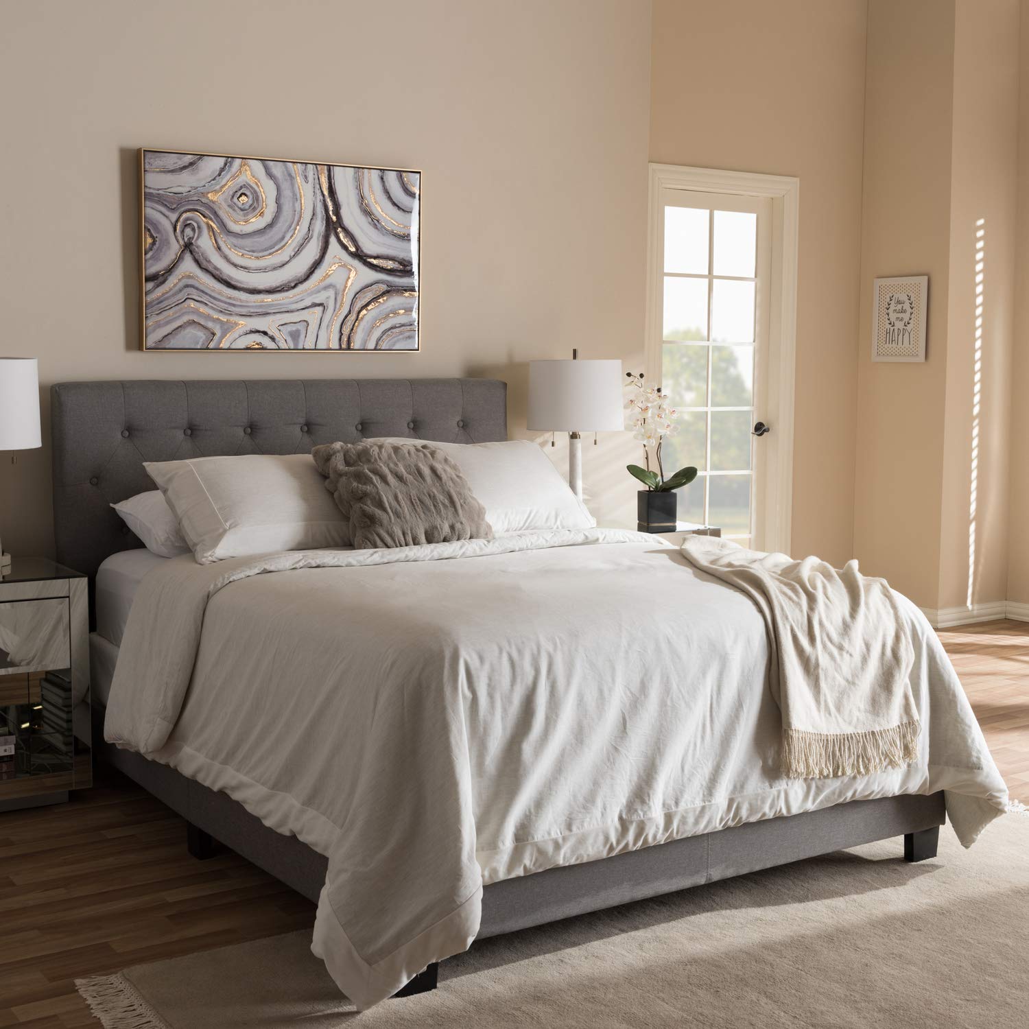 Baxton Studio Cassandra Modern And Contemporary Light Grey Fabric Upholstered Queen Size Bed Light Grey/Contemporary/Fabric Polyester 100%'/Rubber Wood/Mdf/Particle Board/Foam