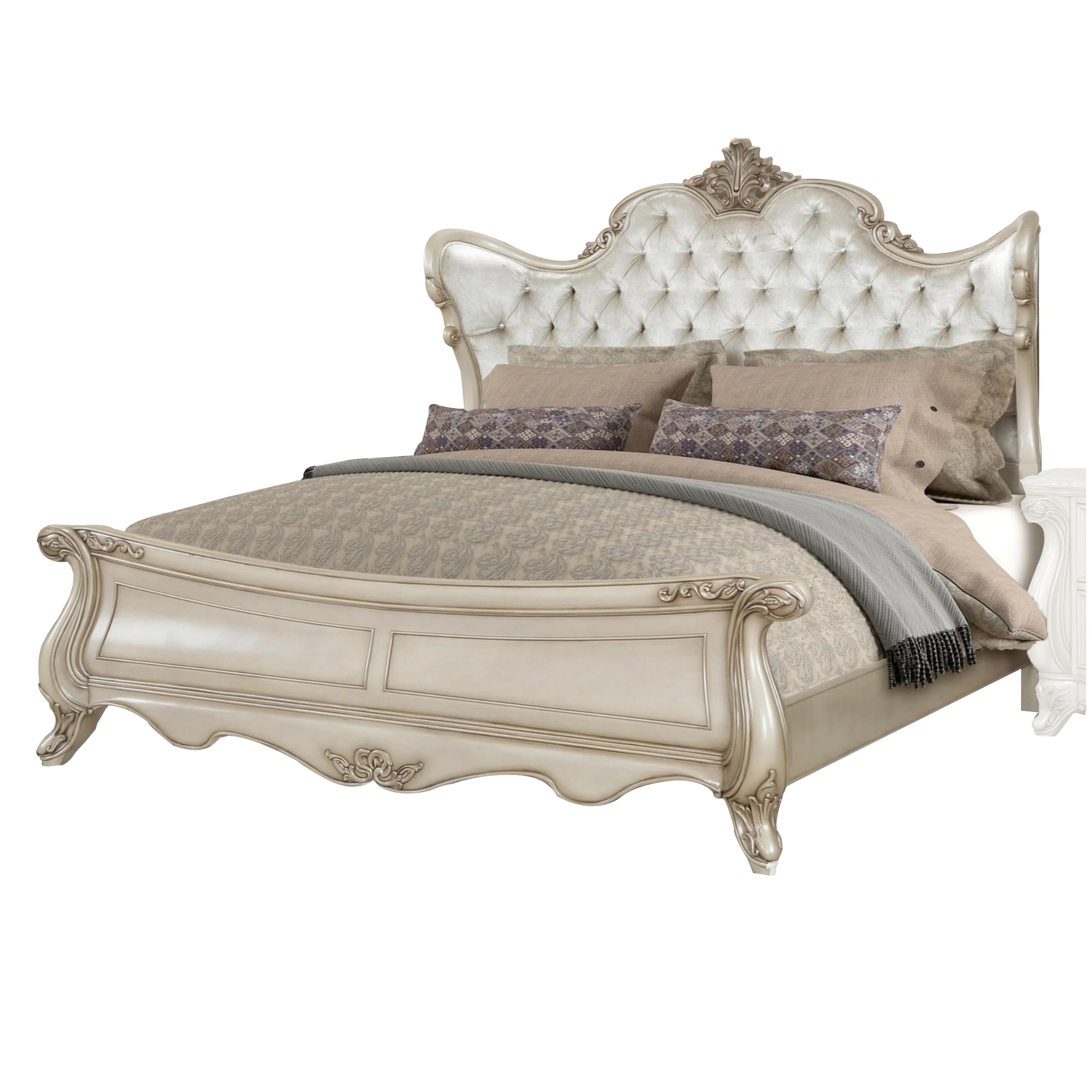 Moen Queen Size Bed, Tufted Polyester Upholstery, Carved Wood, Champagne