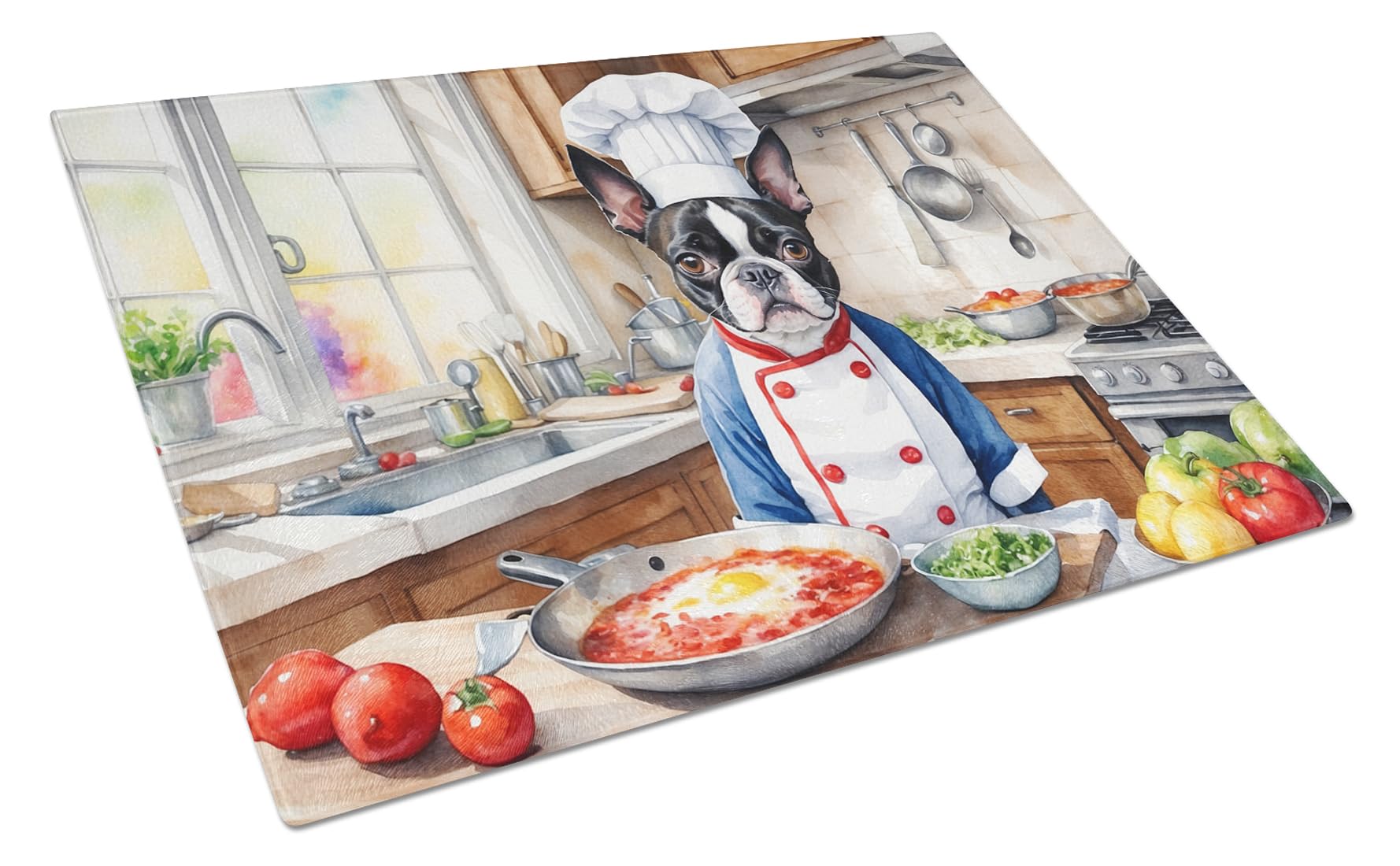Carolines Treasures DAC6216LCB Boston Terrier The Chef Glass Cutting Board Decorative Tempered Glass Kitchen Cutting and Serving Board Large Size Chopping Board