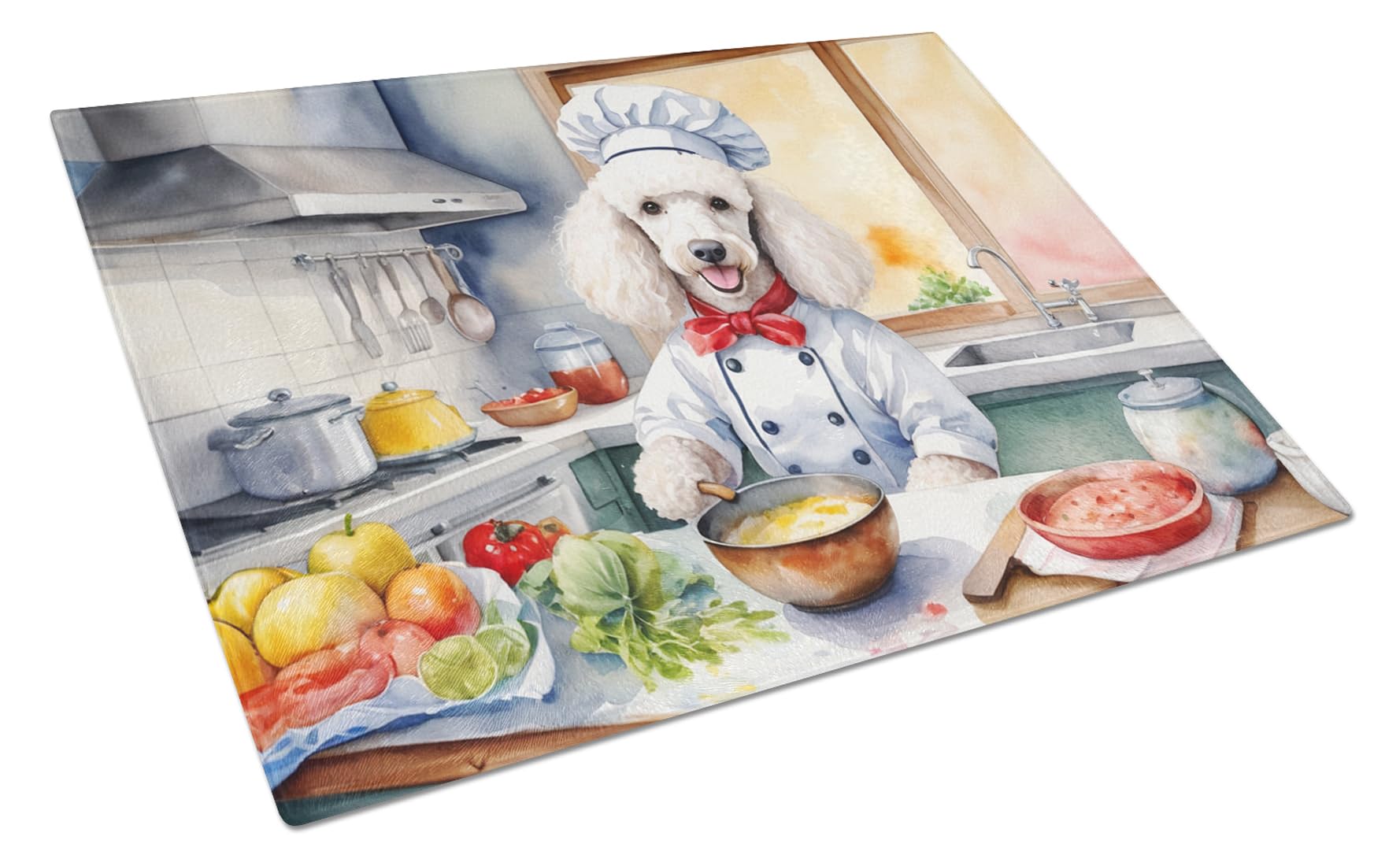 Carolines Treasures DAC6306LCB White Poodle The Chef Glass Cutting Board Decorative Tempered Glass Kitchen Cutting and Serving Board Large Size Chopping Board