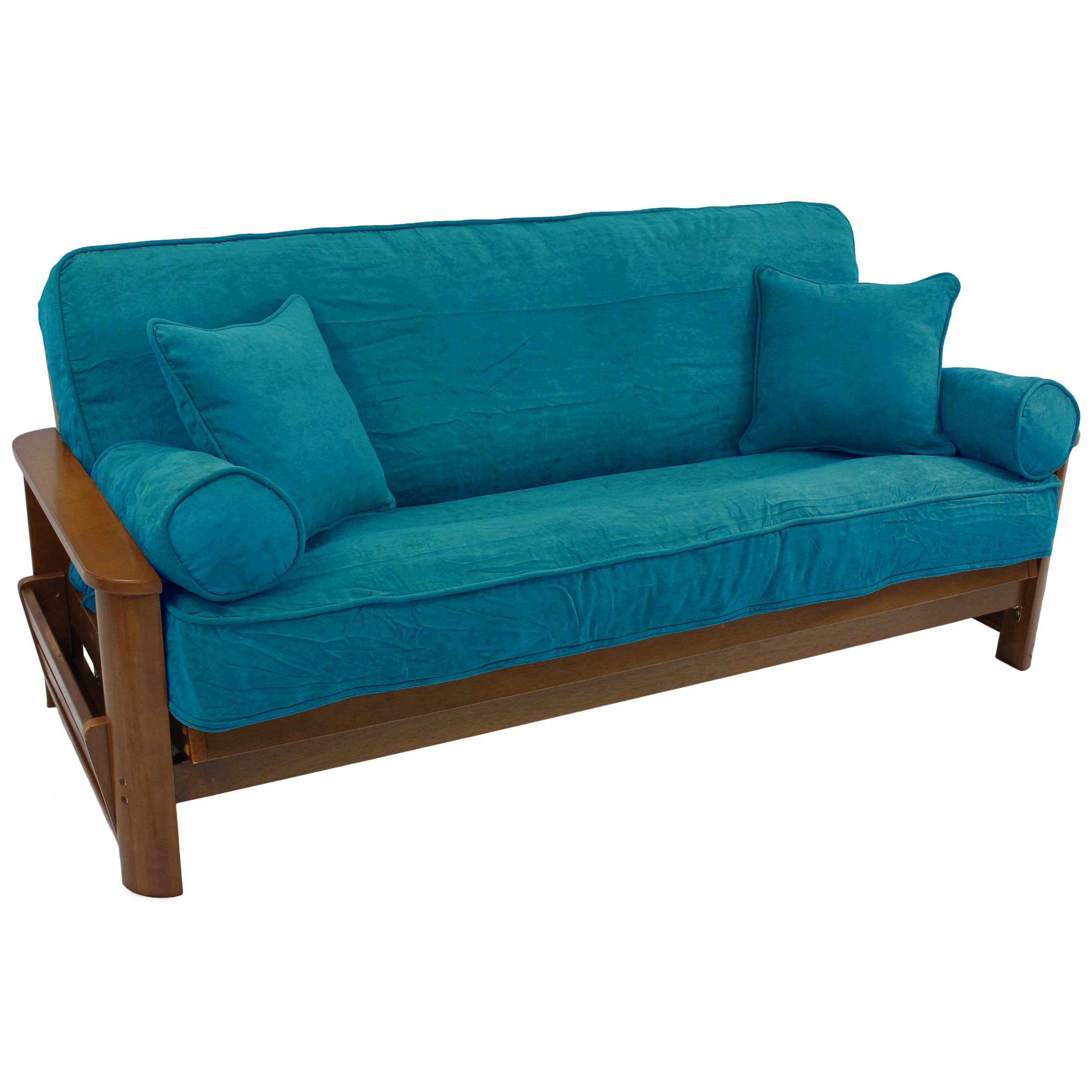 Solid Microsuede Double Corded 8 to 9-inch Full Futon Cover Set with Four Throw Pillows (Set of 5) - Aqua Blue