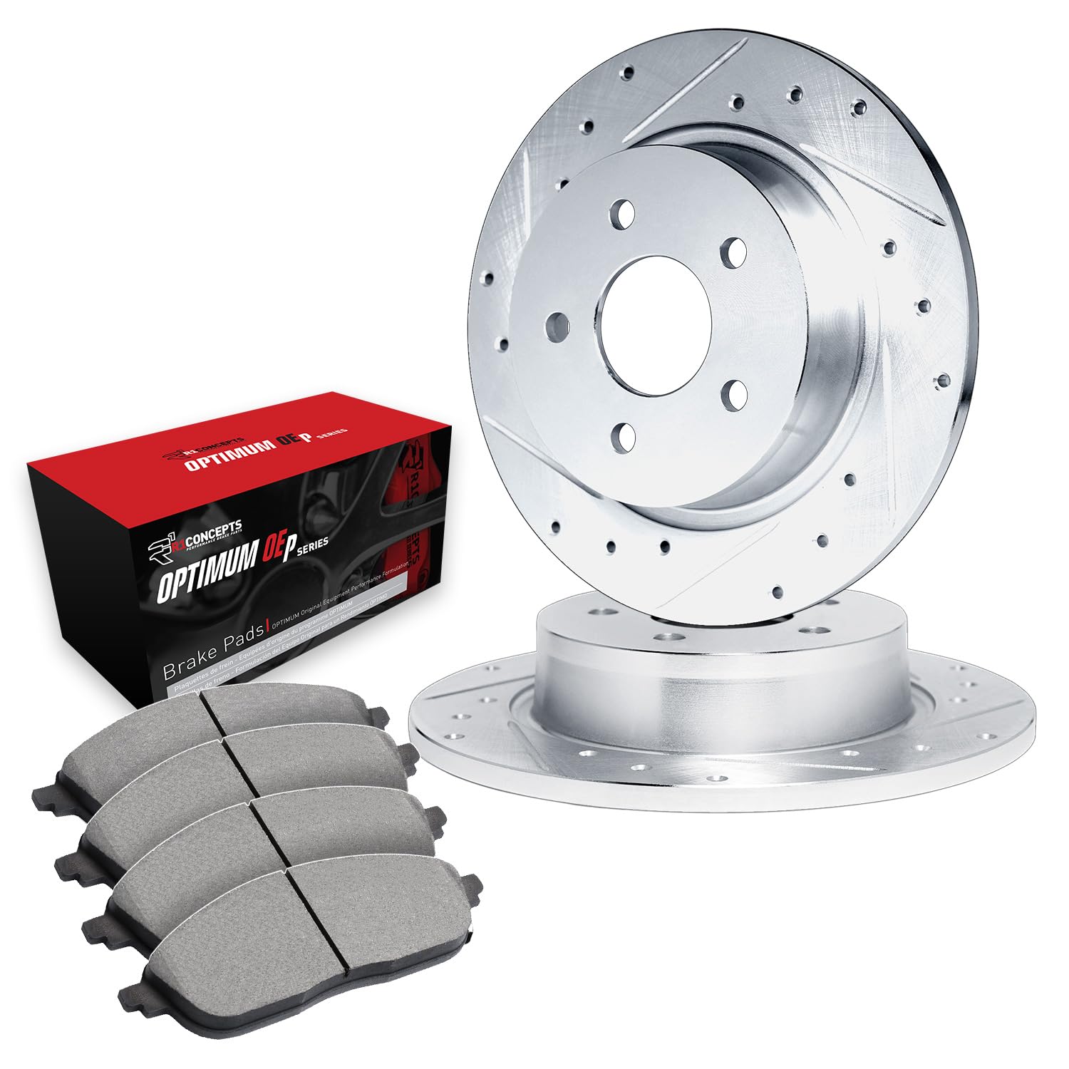 R1 Concepts Drilled and Slotted Silver Disc Brake Rotor Set with Optimum Oe Pads WGUN1-74034