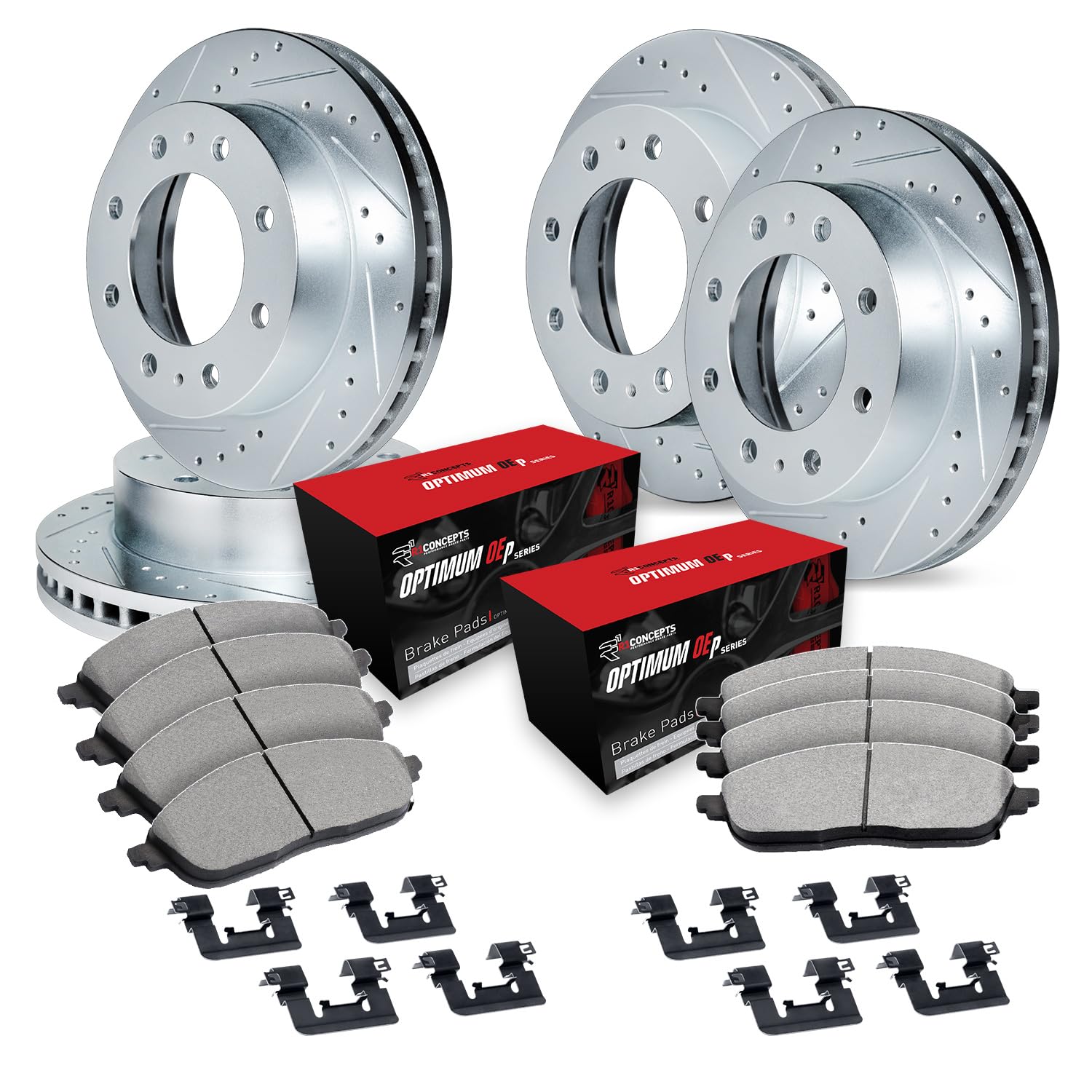 R1 Concepts Drilled and Slotted Silver Disc Brake Rotor Set with Optimum Oe Pads and Hardware WGUH2-40021