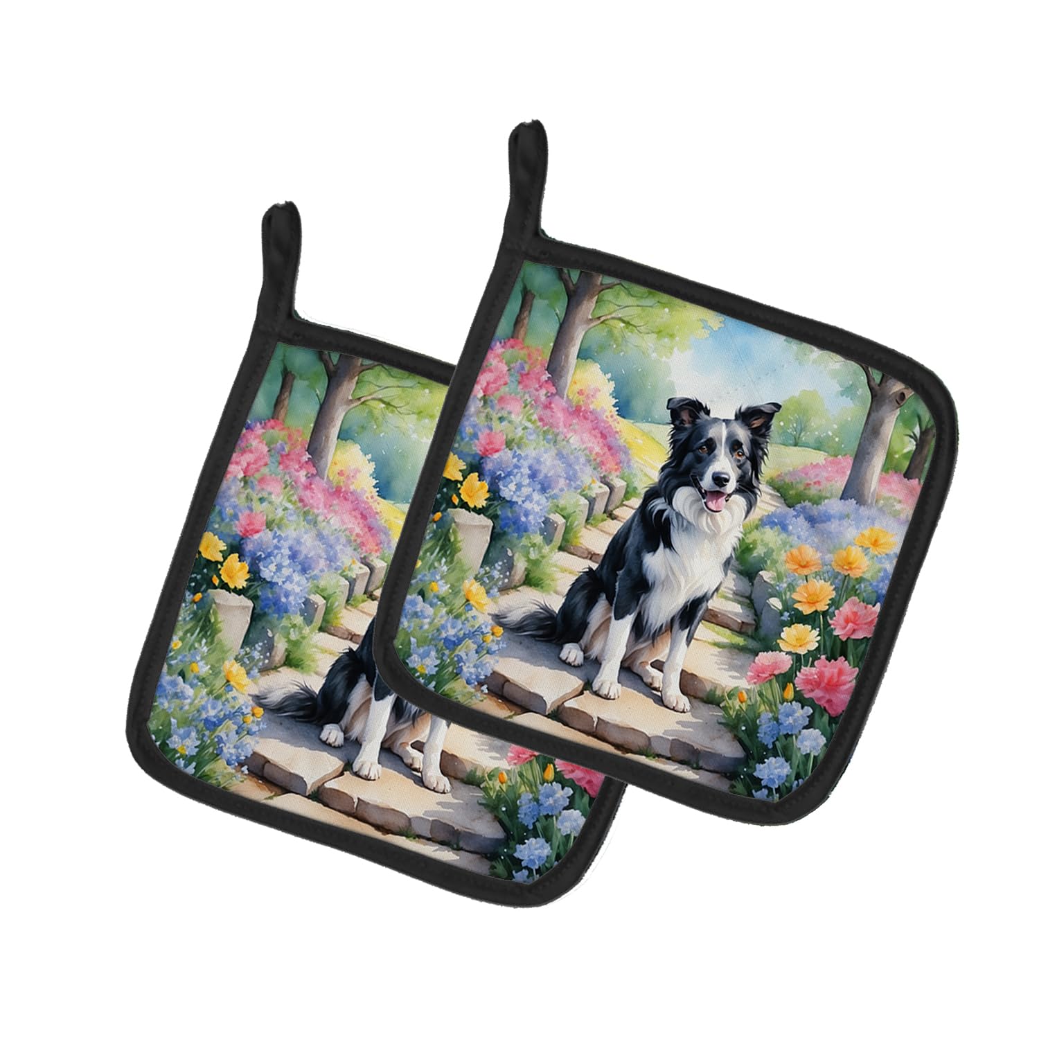 Border Collie Spring Path Pair of Pot Holders
