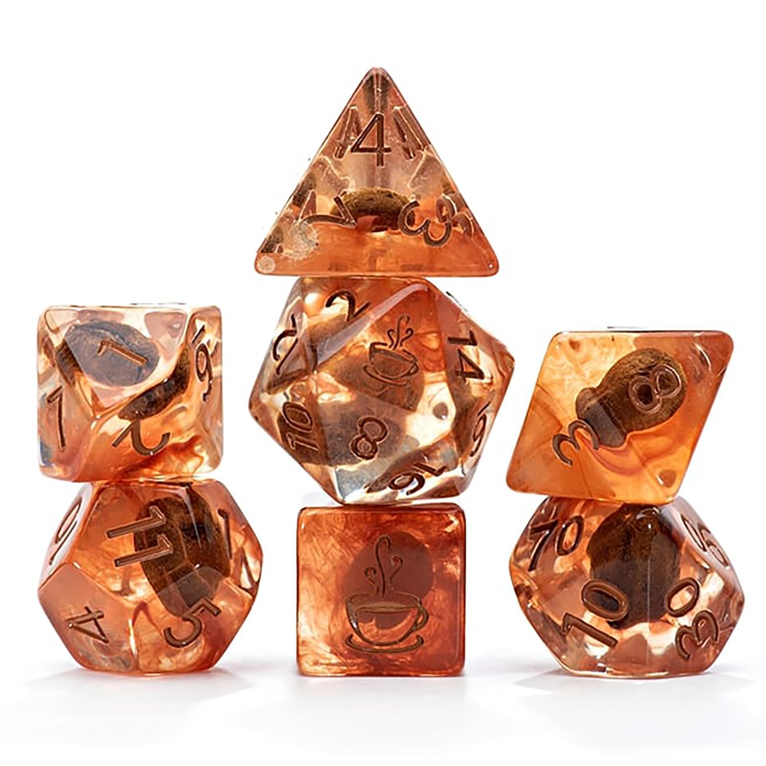 Gate Keeper Games and Dice: Inclusion Dice: Coffee Dice - 7pc RPG Set, Real Coffee Bean in Brown & Clear-Swirled Resin, Dice for Role Playing Games