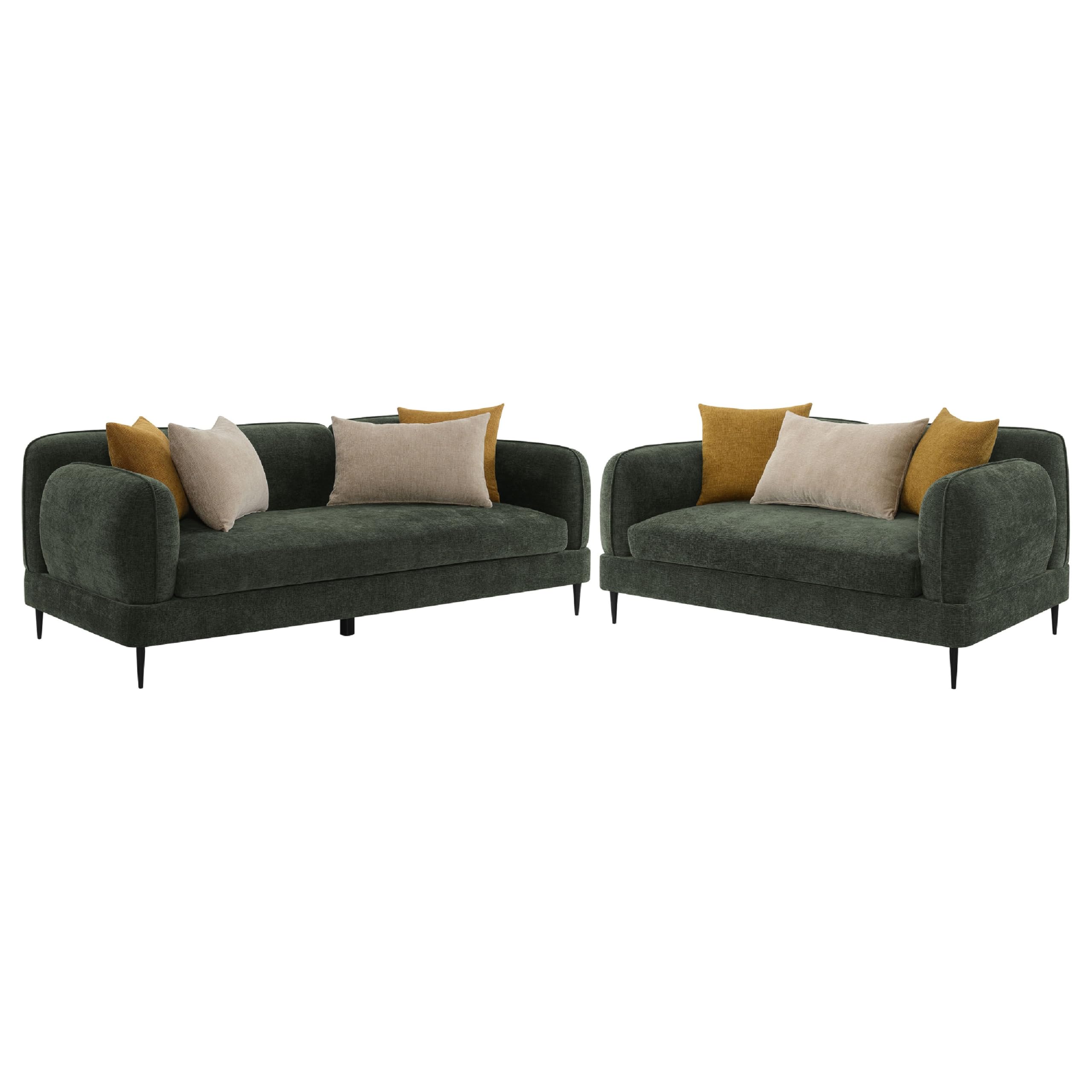 Dija 2pc Sofa Set with 7 Throw Pillows, Slim Metal Legs, Green Chenille
