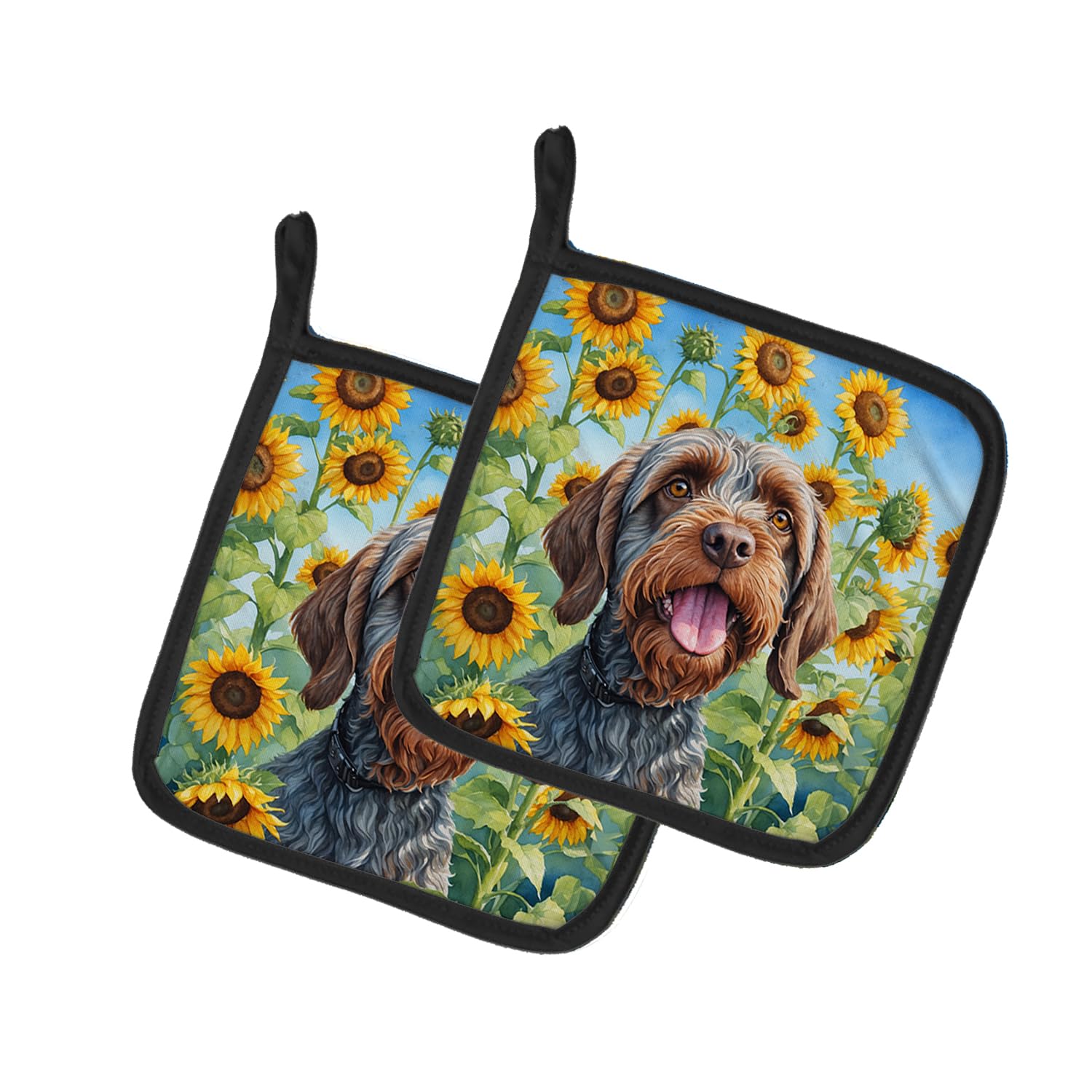 Wirehaired Pointing Griffon in Sunflowers Pair of Pot Holders