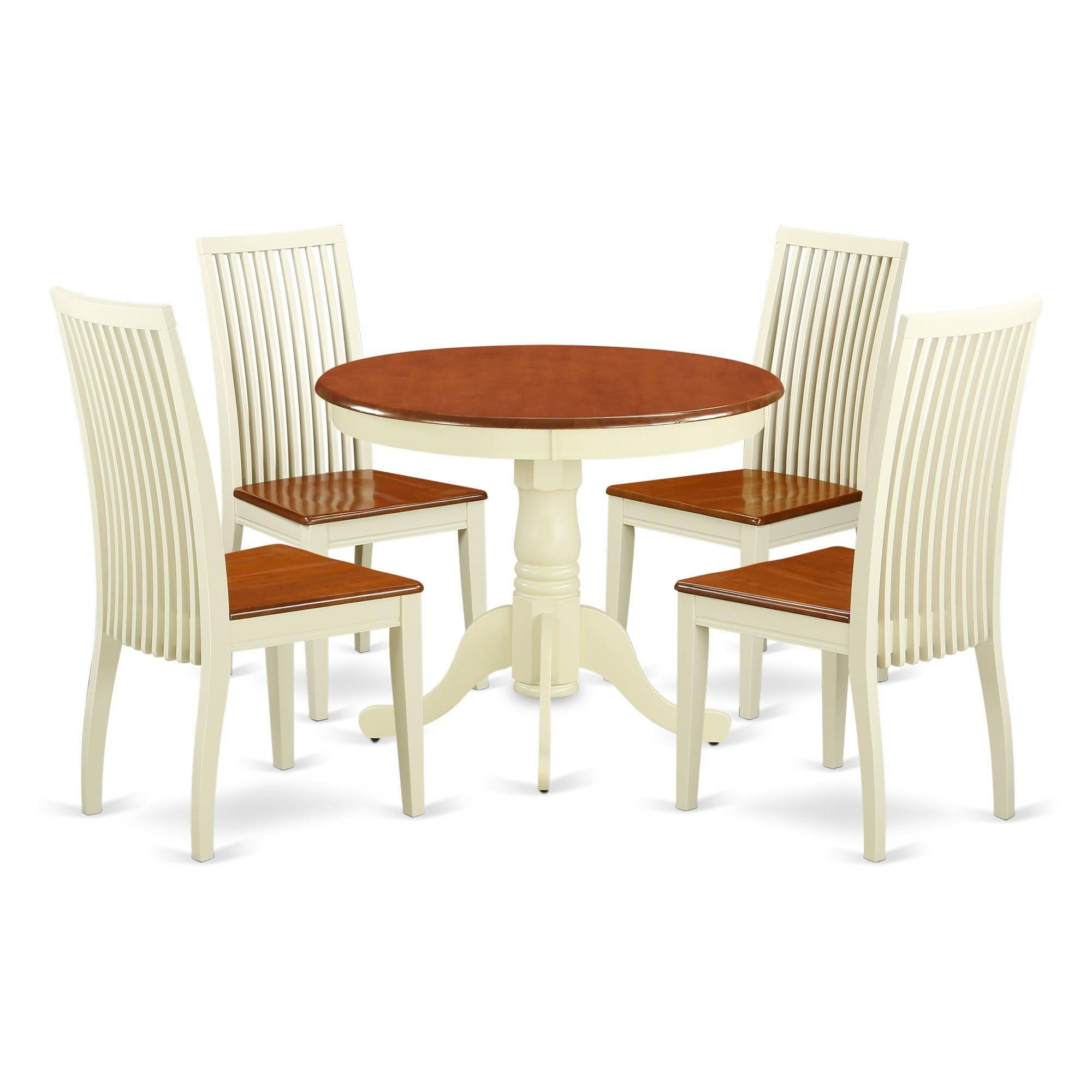 Casafoyer ANIP5-BMK-W 5 Piece Dining Table Set for 4 Includes a Round Kitchen Table with Pedestal and 4 Dining Room Chairs, 36x36 Inch, Buttermilk & Cherry