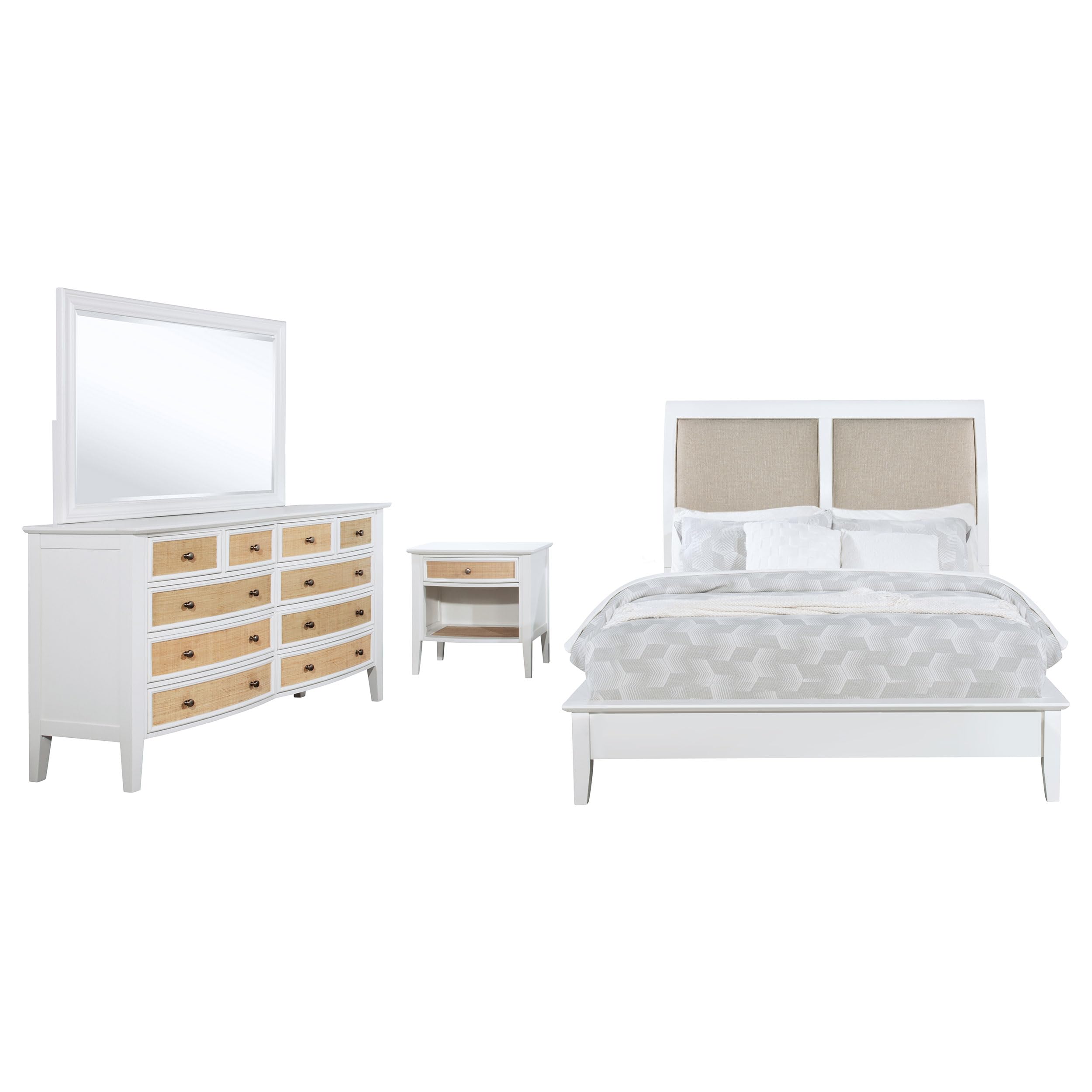 Heo 4pc Queen Bedroom Set, Rattan Woven Drawer, Brown Fabric, White