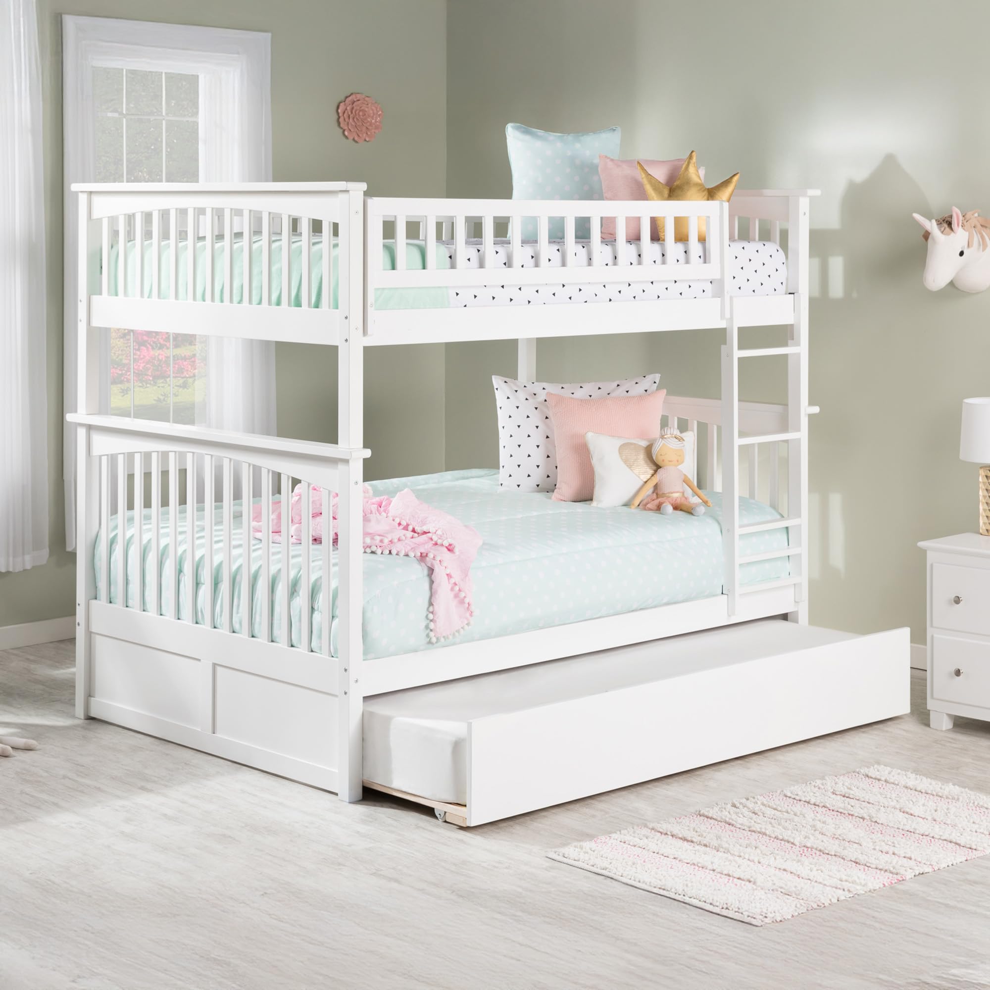 Columbia Full over Full Solid Wood Ladder Bunk Bed with Full Trundle Bed in White