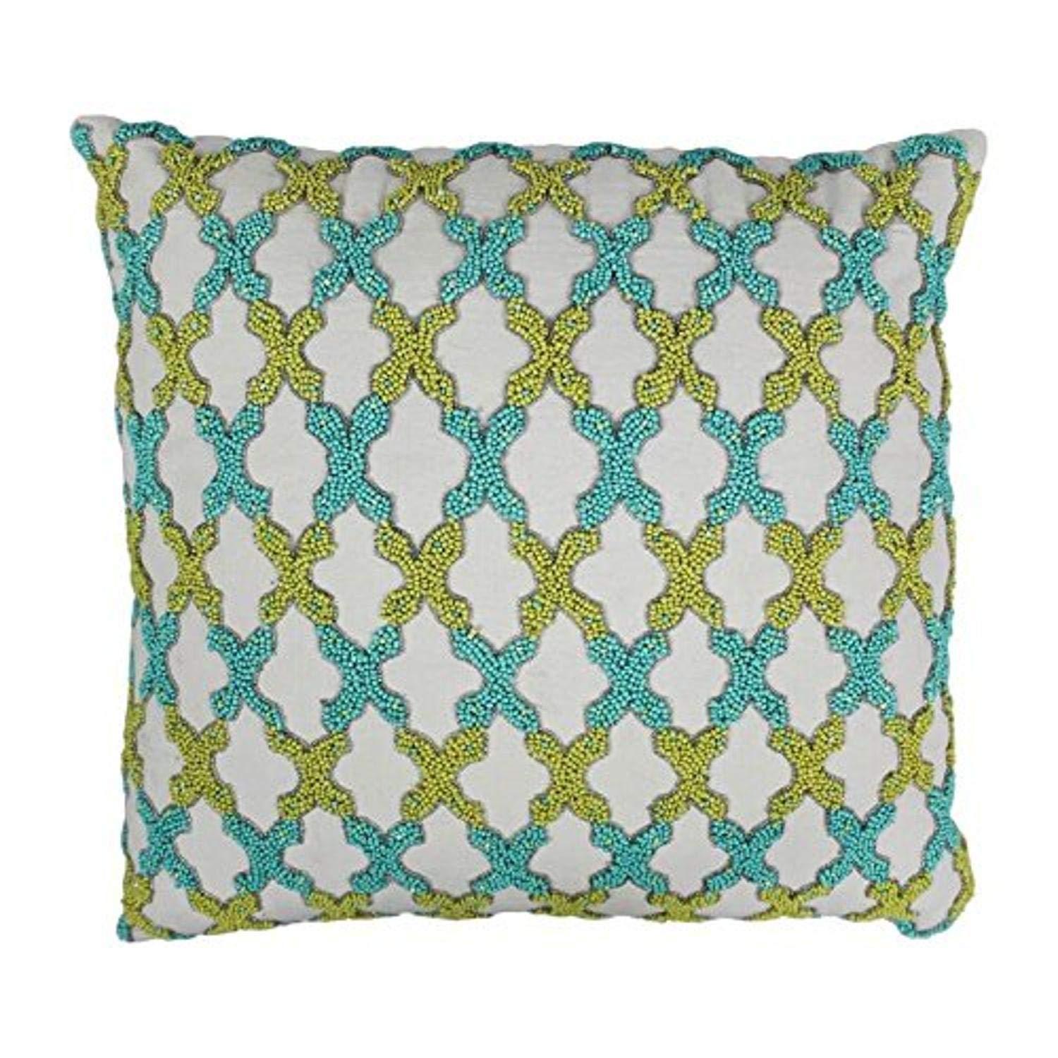 Blazing Needles 20-inch Moroccan Patterned Beaded Cotton Throw Pillows  - Sea Green and Teal Beads/Ivory Fabric