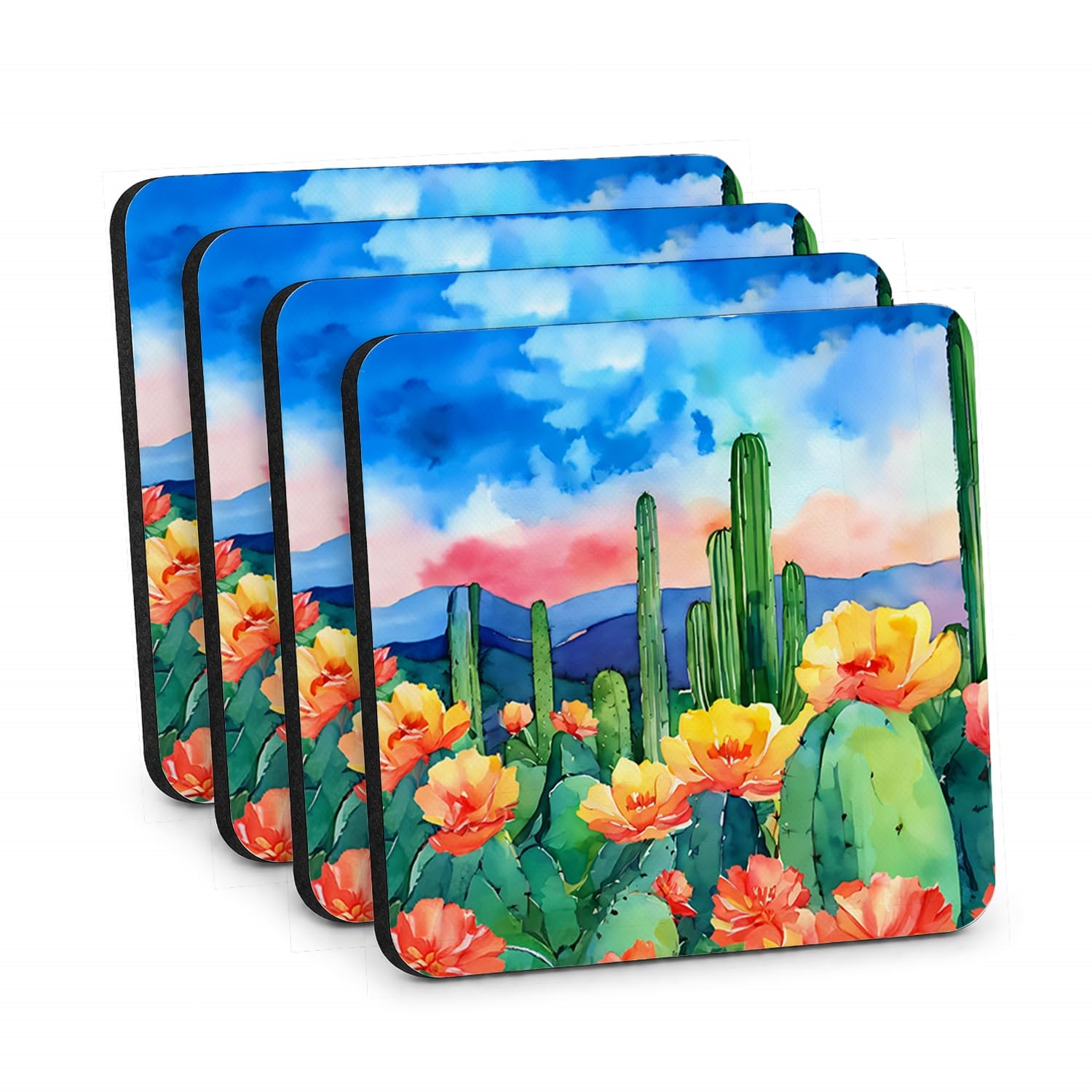 Carolines Treasures Arizona Saguaro Cactus Blossom in Watercolor Foam Coasters Set of 4 Cup Coasters for Indoor Outdoor, Tabletop Protection, Anti Slip, Mouse pad Material