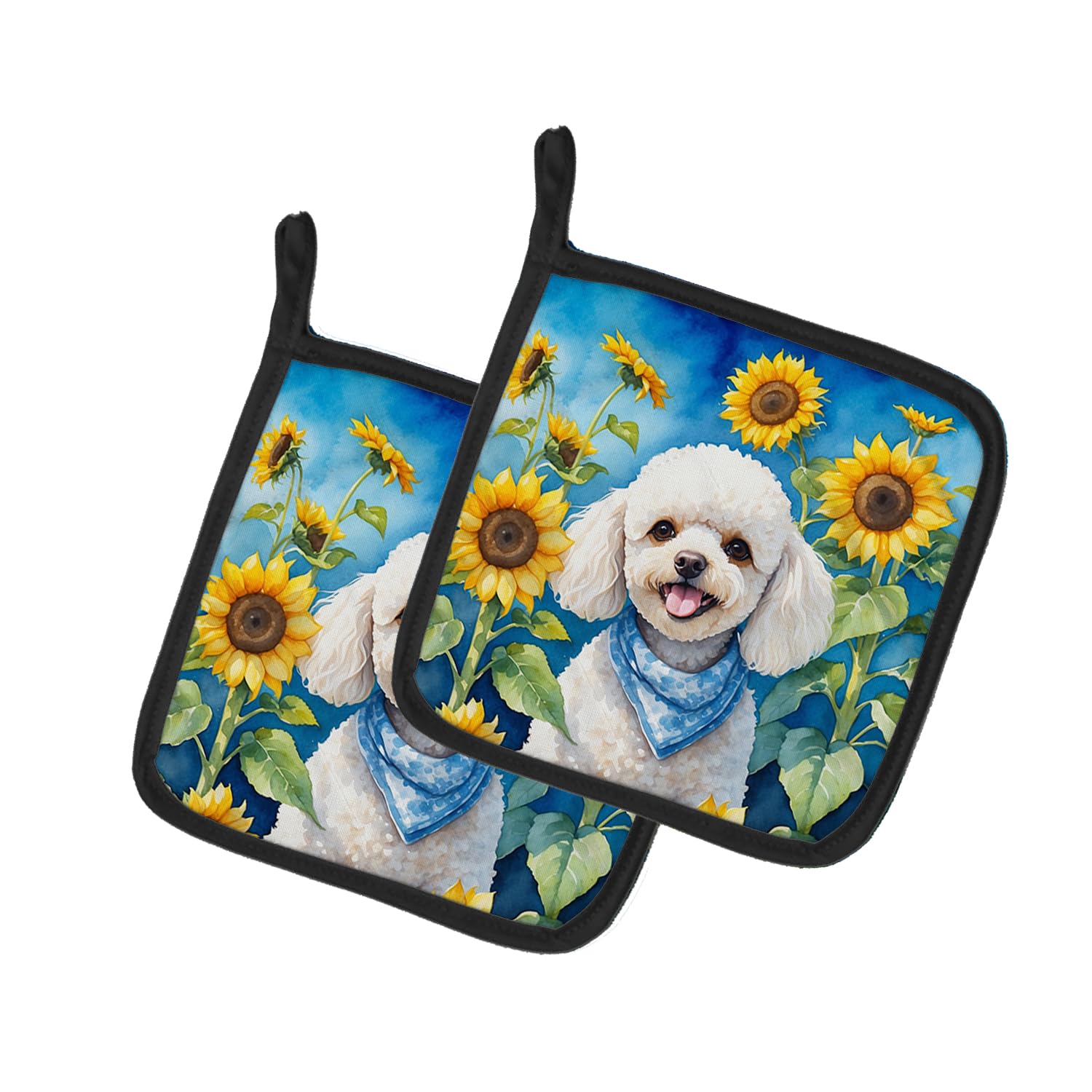 White Poodle in Sunflowers Pair of Pot Holders