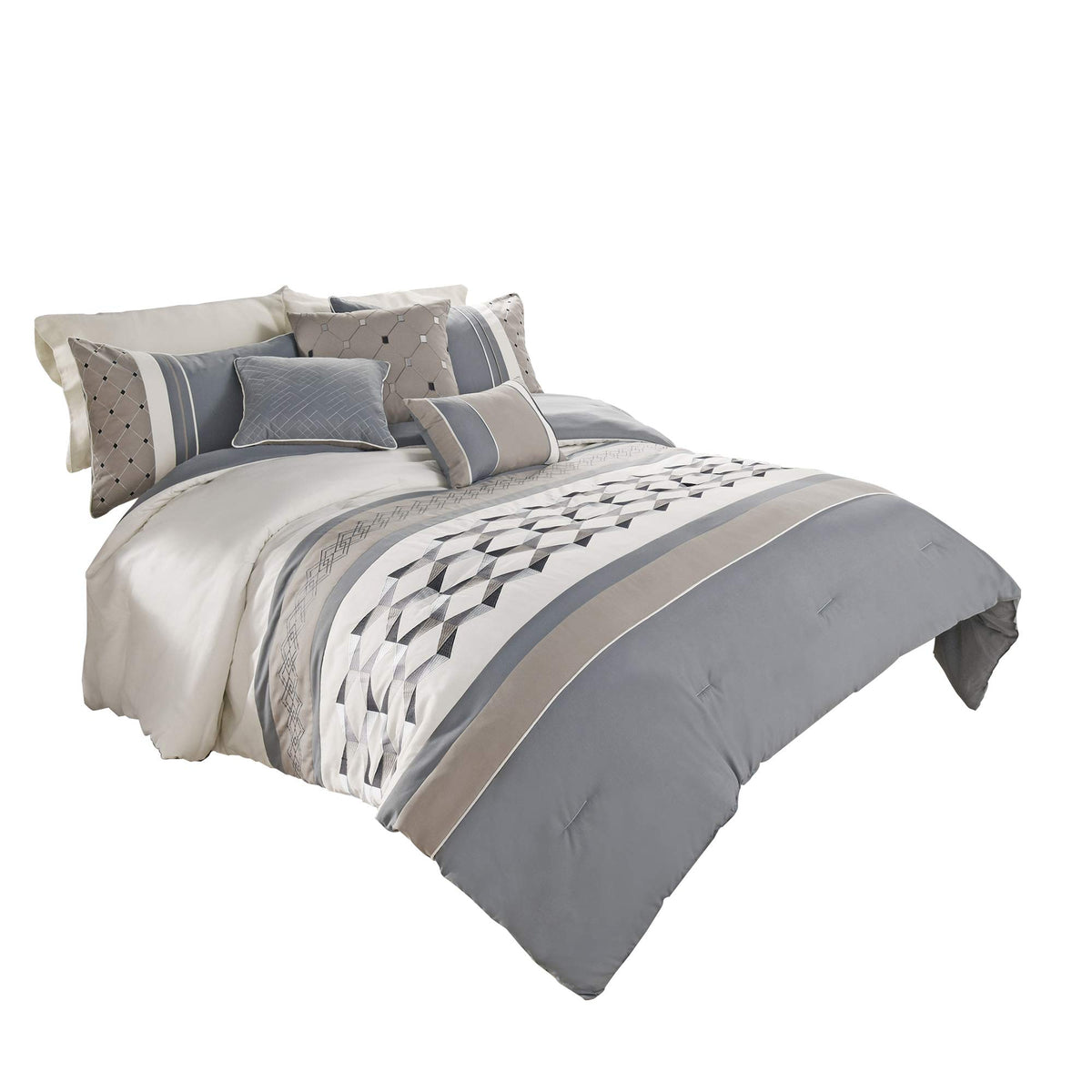 Benjara 7 Piece King Polyester Comforter Set With Geometric Design, Blue And Gray