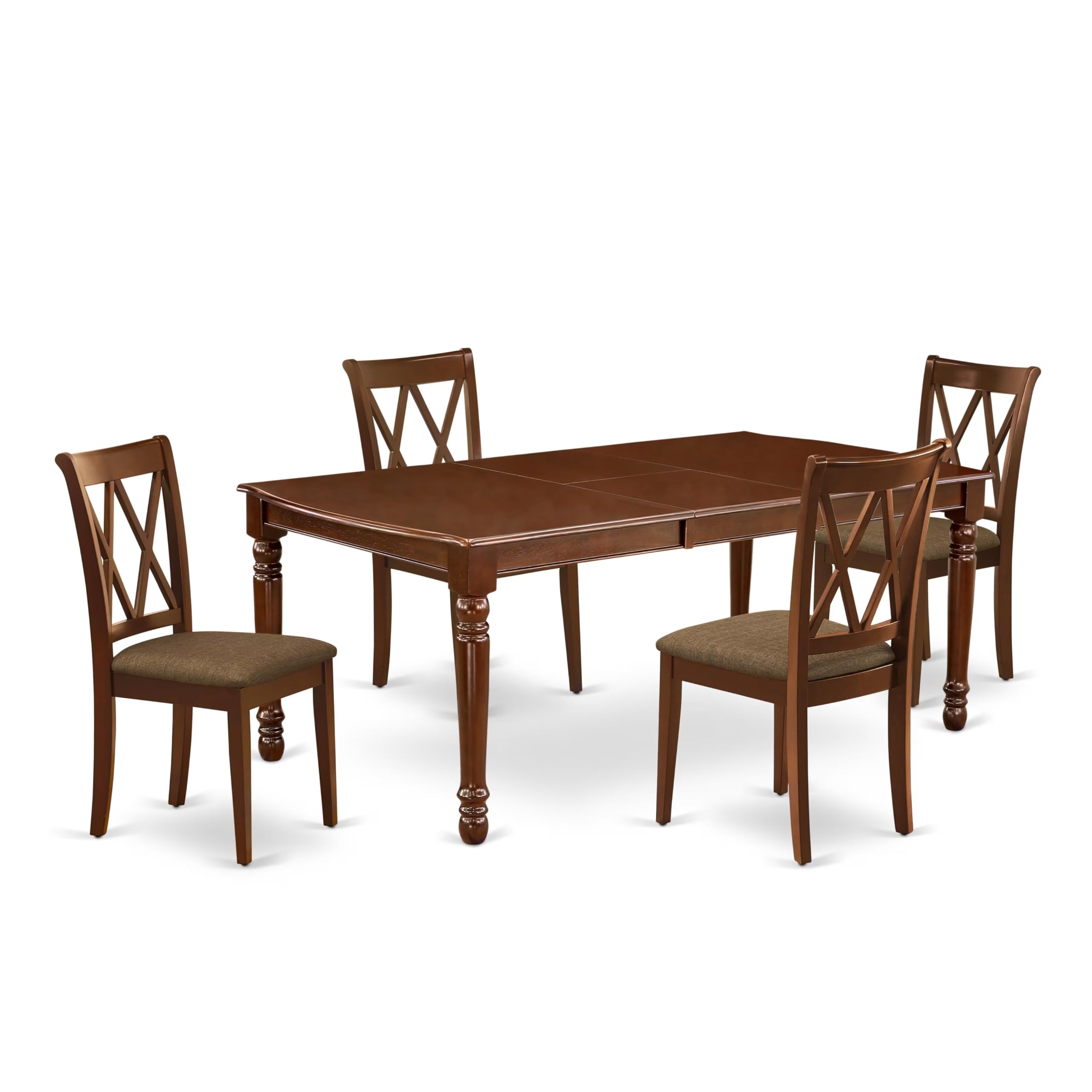 DOCL5-MAH-C 5Pc Dining Set Includes a Rectangle Dinette Table with Butterfly Leaf and Four Double X Back Linen seat Kitchen Chairs, Mahogany Finish