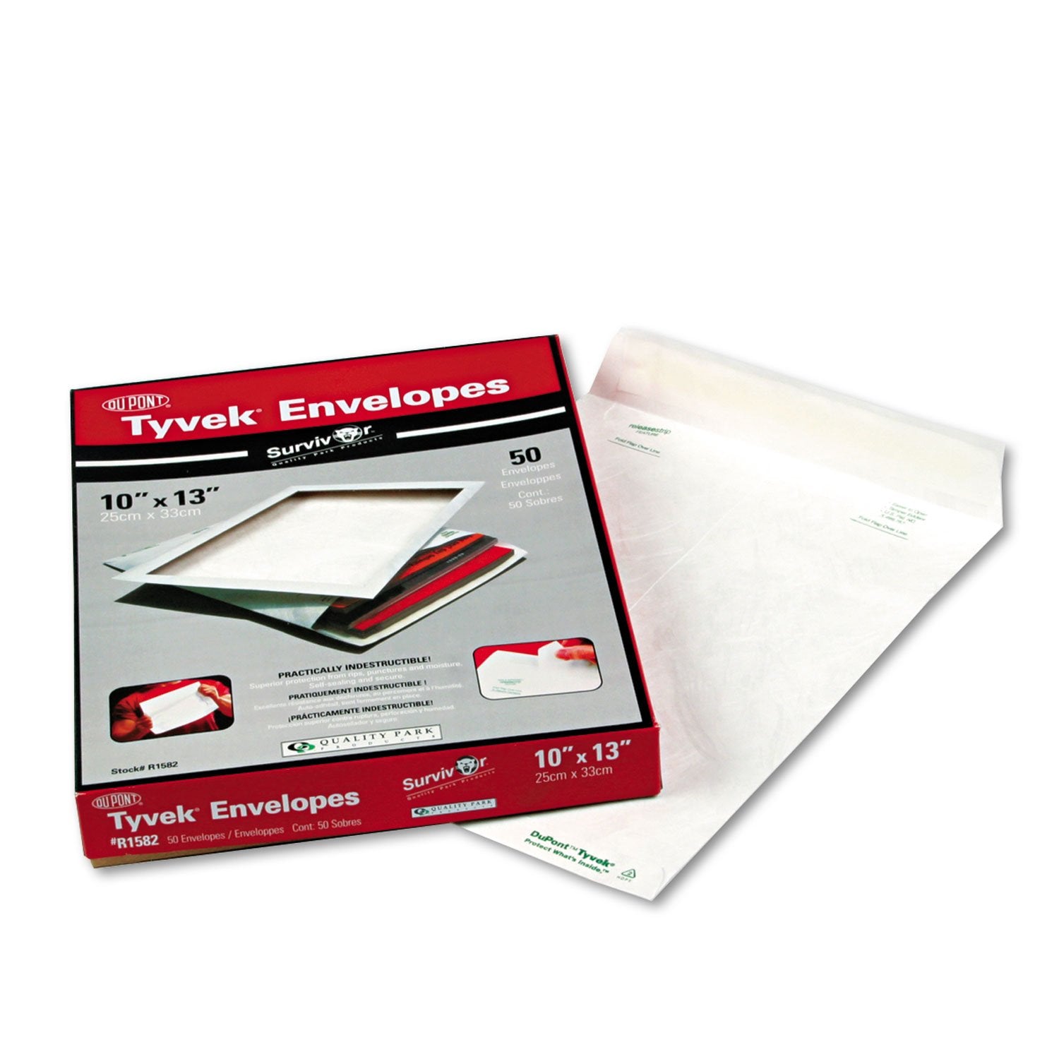Quality Park R1582 Survivor Tyvek Mailer, 10 X 13, Self-Seal, White, 50/Box
