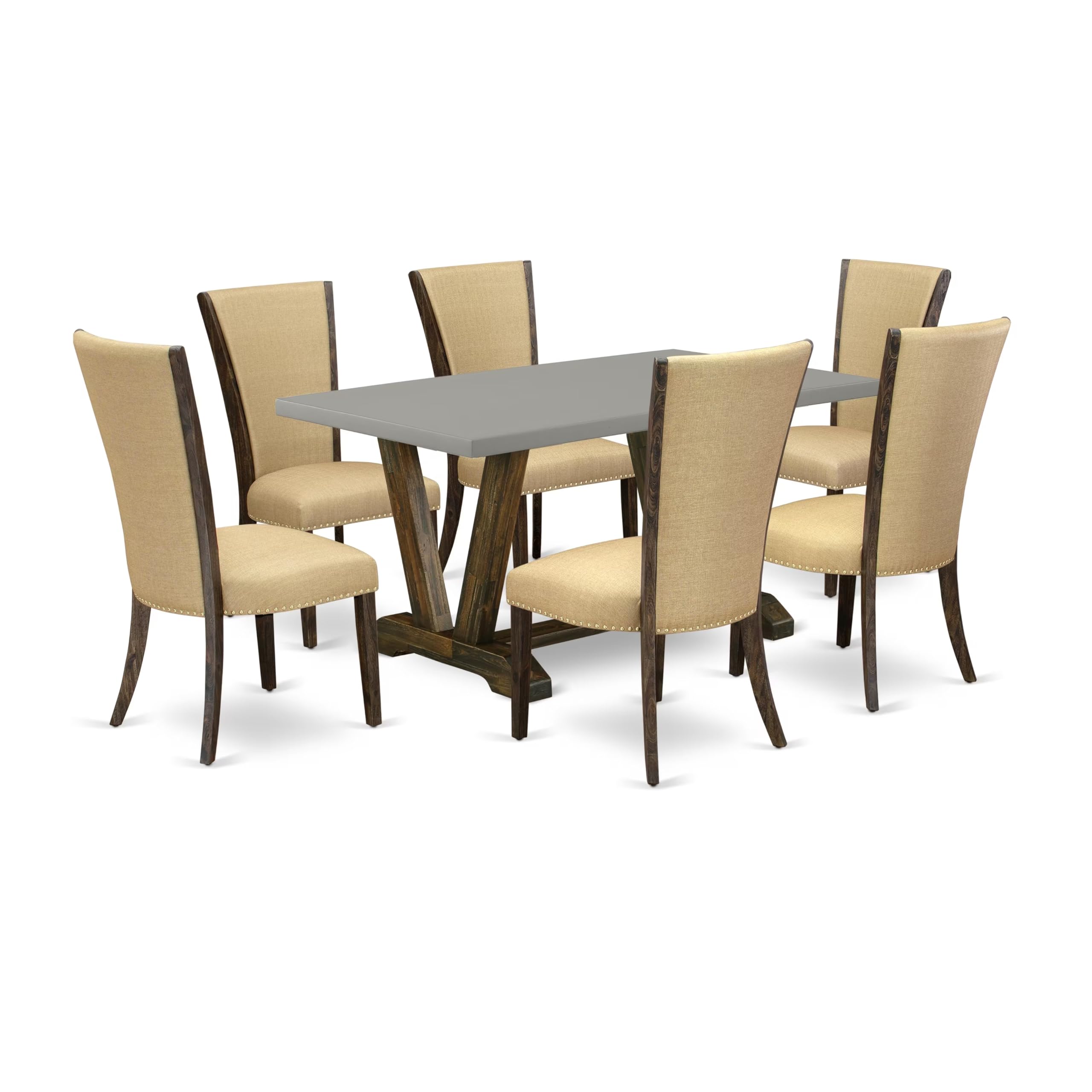East West Furniture V796VE703-7 7Pc Dinette Sets for Small Spaces Includes a Rectangular Table and 6 Parson Dining Chairs with Brown Color Linen Fabric, Medium Size Table with Full Back Chairs, Distressed Jacobean and Cement Finish