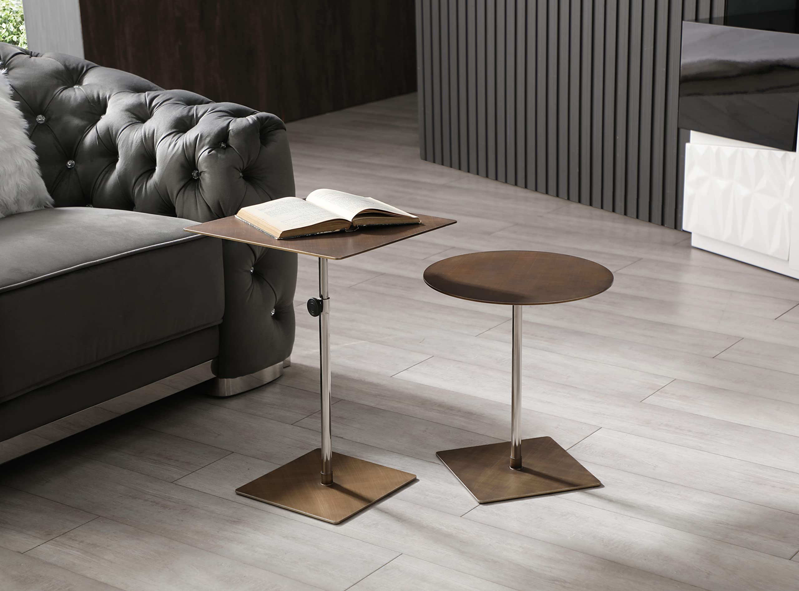 Karley Side Table, Bronze Brushed Metal, Grid Lines Design Top, Adjustable Height, Stainless Steel Base