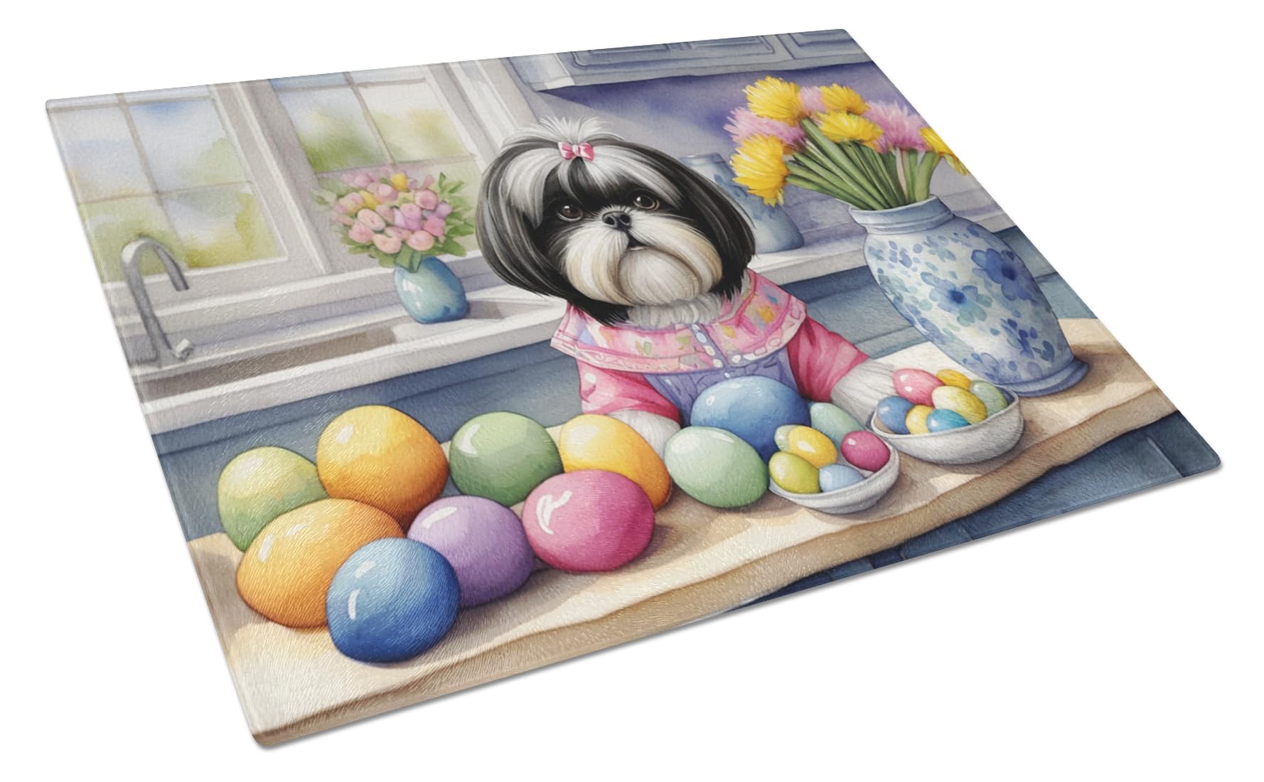 Carolines Treasures DAC6902LCB Decorating Easter Shih Tzu Glass Cutting Board Decorative Tempered Glass Kitchen Cutting and Serving Board Large Size Chopping Board
