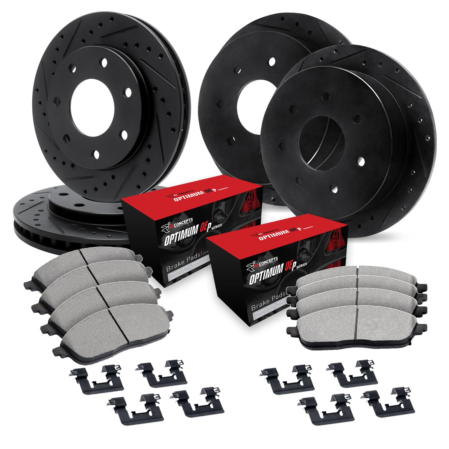 R1 Concepts Drilled and Slotted Black Disc Brake Rotor Set with Optimum Oe Pads and Hardware WHUH2-54447