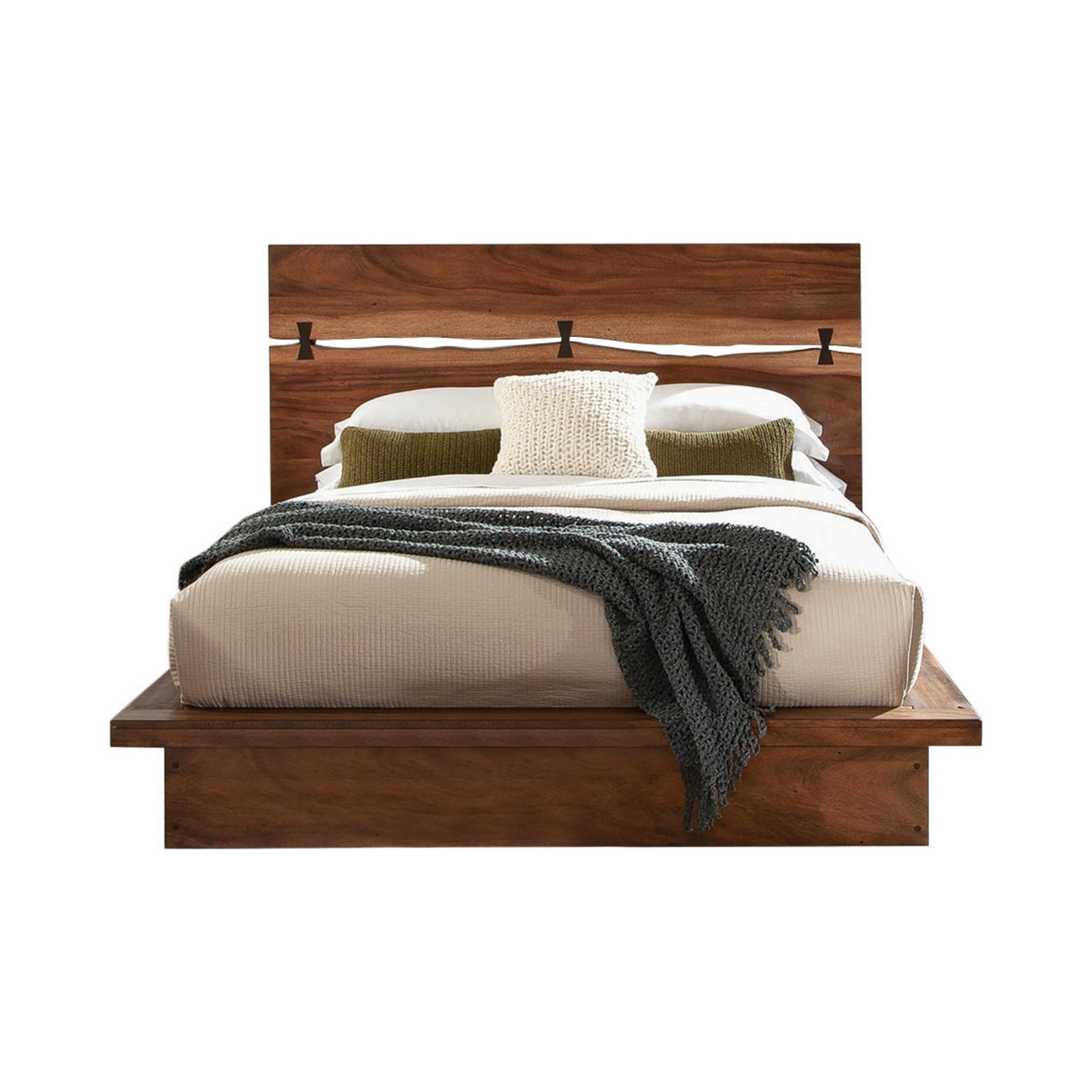 Zeko King Size Platform Plinth Bed with Natural Edge, Walnut Brown Wood