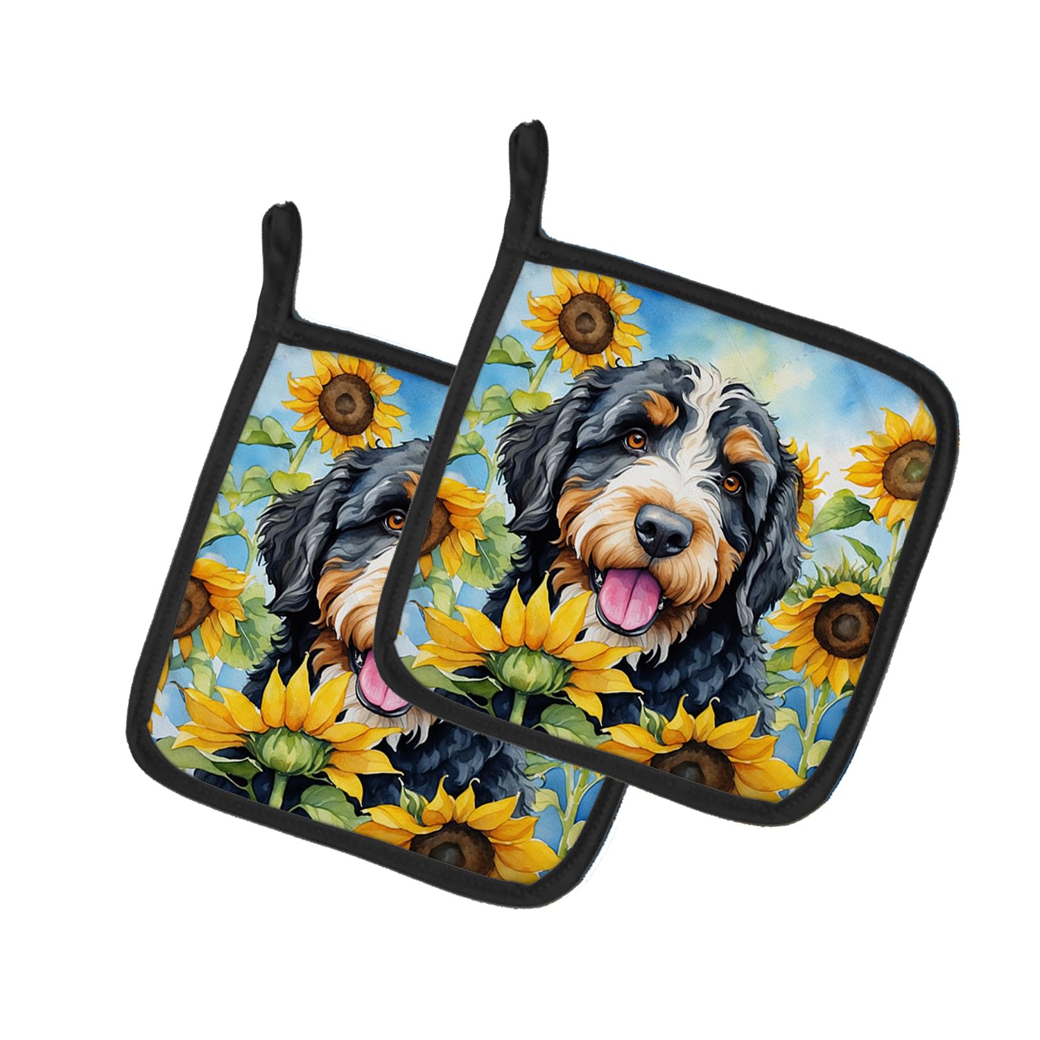 Bernedoodle in Sunflowers Pair of Pot Holders