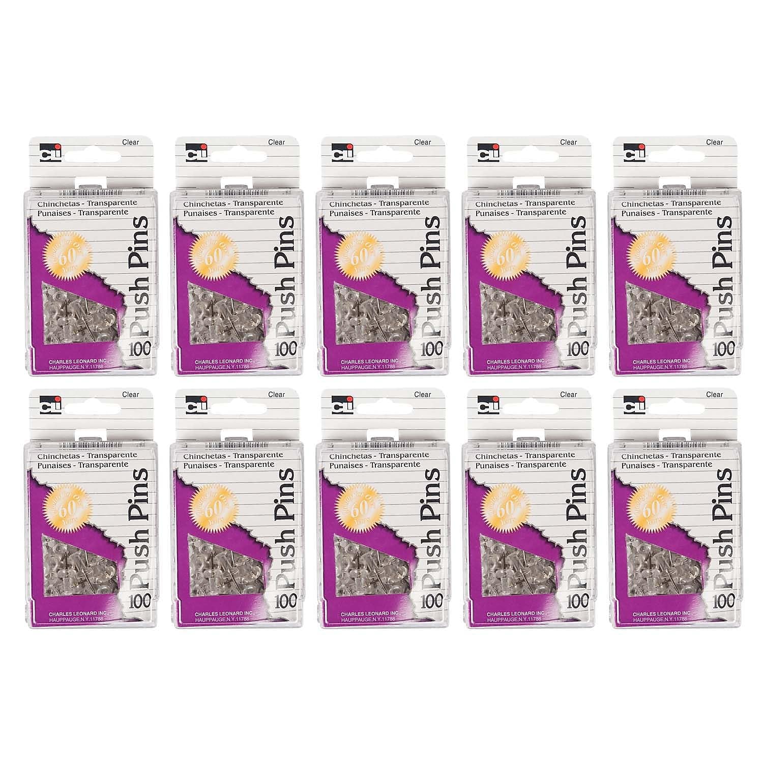 Push Pins, Clear, 100 Per Box, 10 Boxes