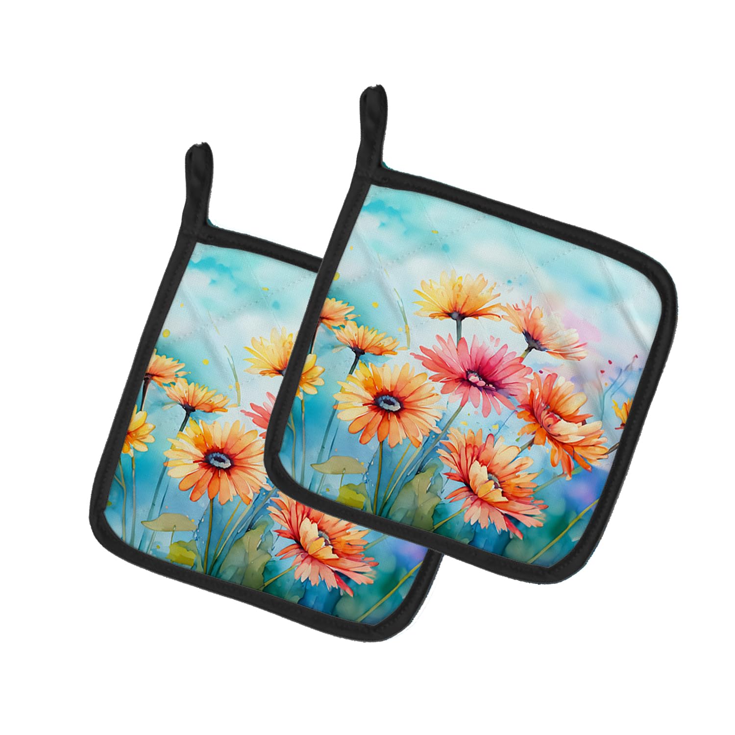 Gerbera Daisies in Watercolor Pair of Pot Holders