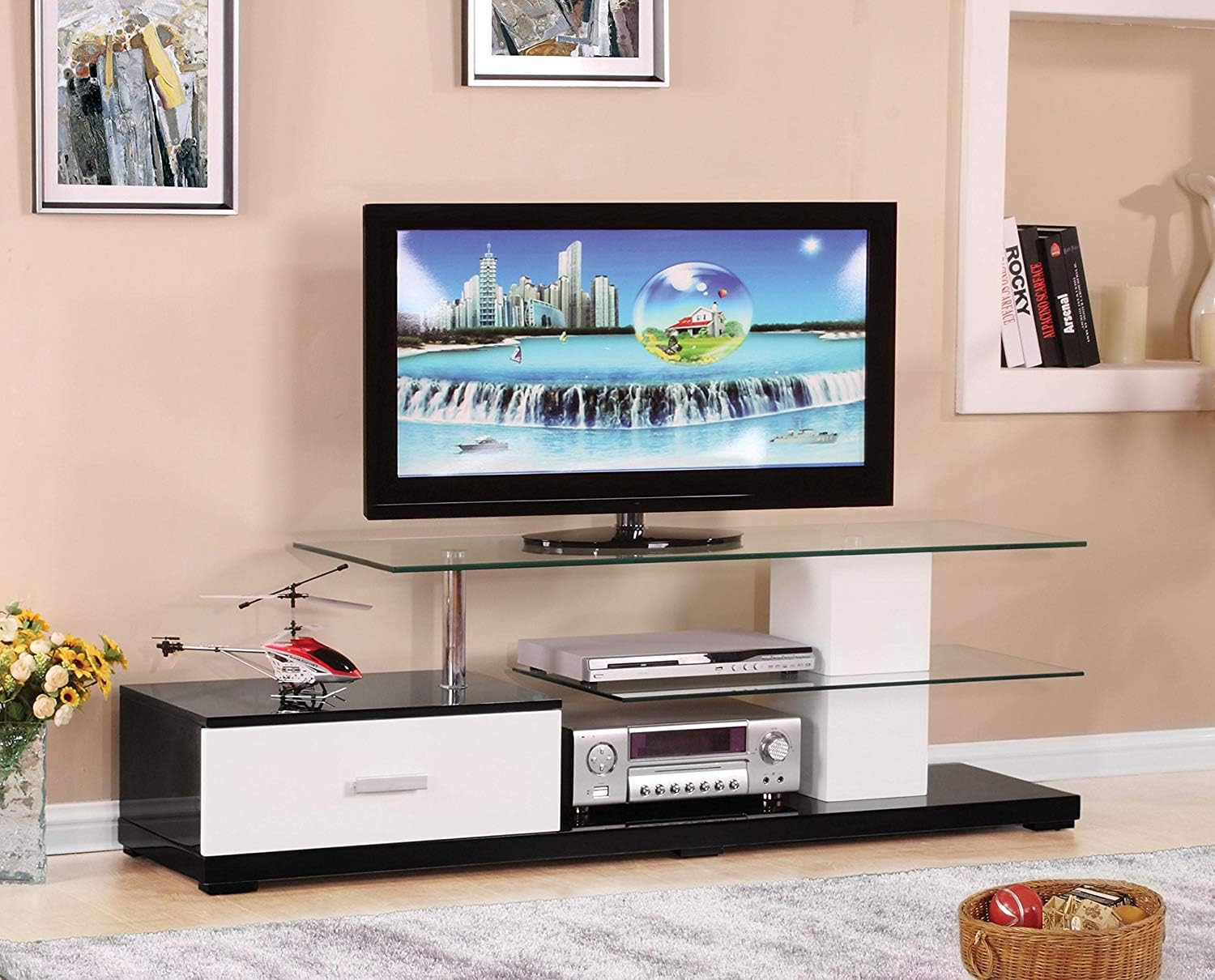 Casafoyer Ivana Rectangular Glass Top 1-Drawer TV Stand in White and Black