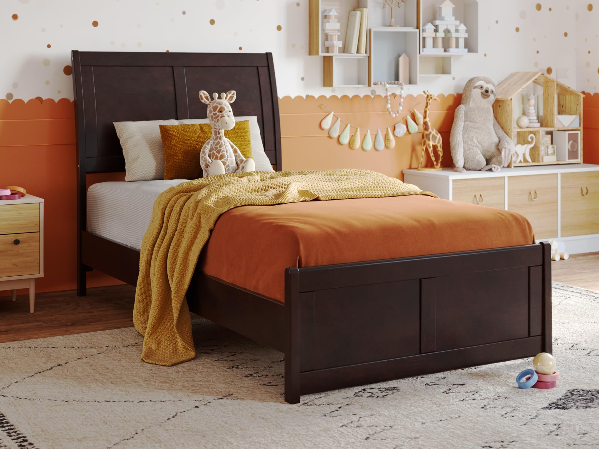 Valencia Twin Solid Wood Low Profile Sleigh Platform Bed with Matching Footboard in Espresso