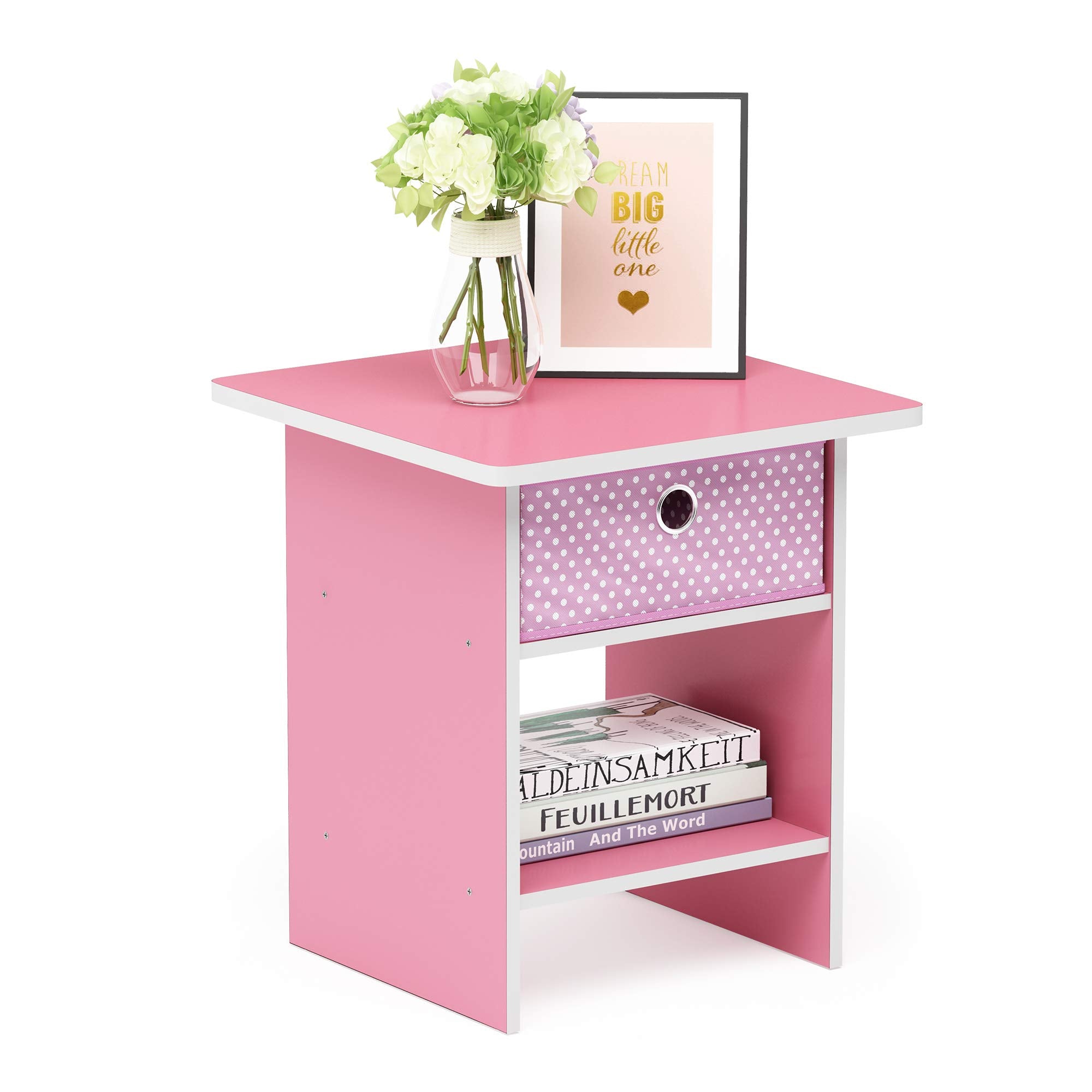 Furinno 10004 End Table/ Night Stand Storage Shelf with Bin Drawer, Pink/Light Pink