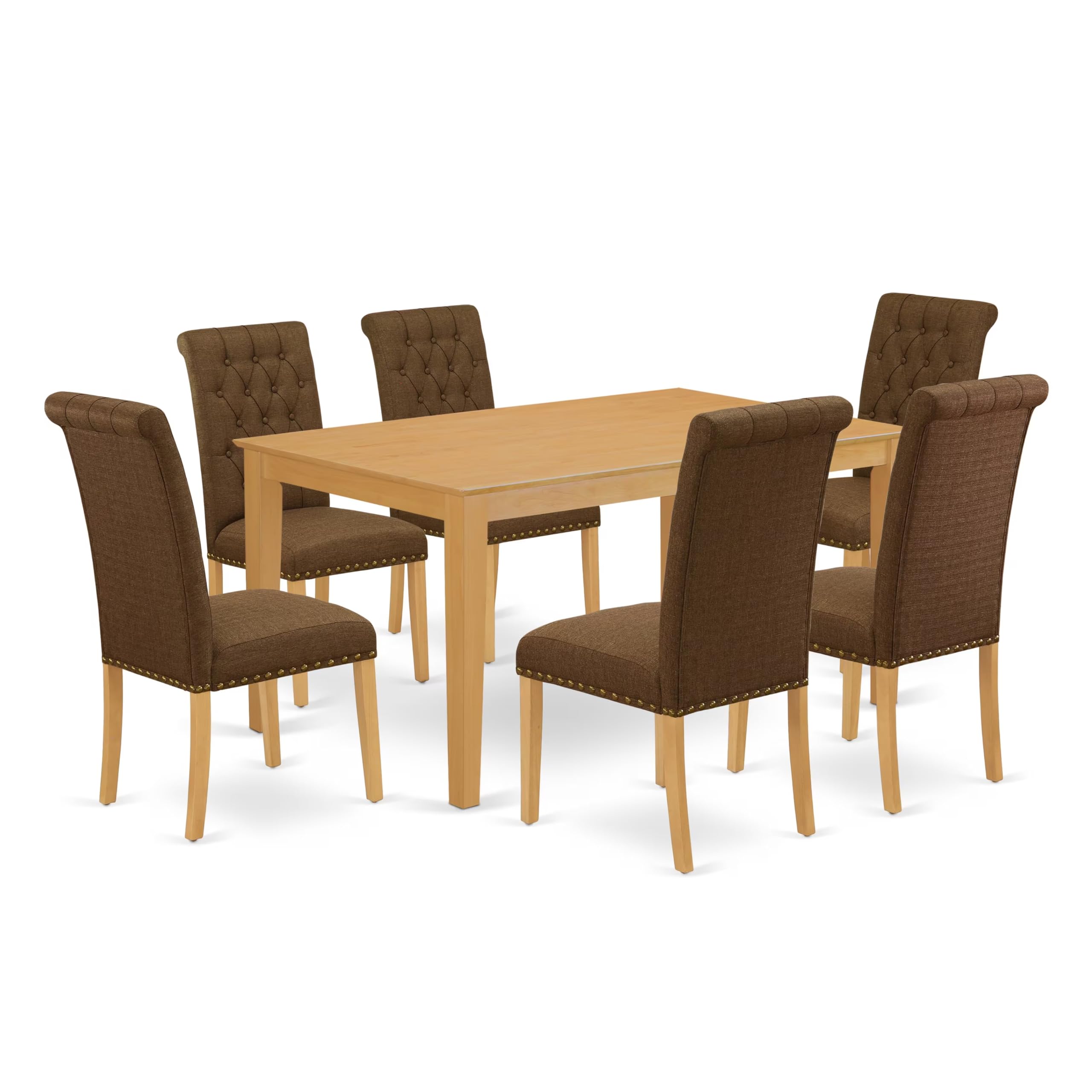 CABR7-OAK-18 7Pc Dinette Set Includes a Rectangular Kitchen Table and Six Parson Chairs with Dark Coffee Fabric, Oak Finish