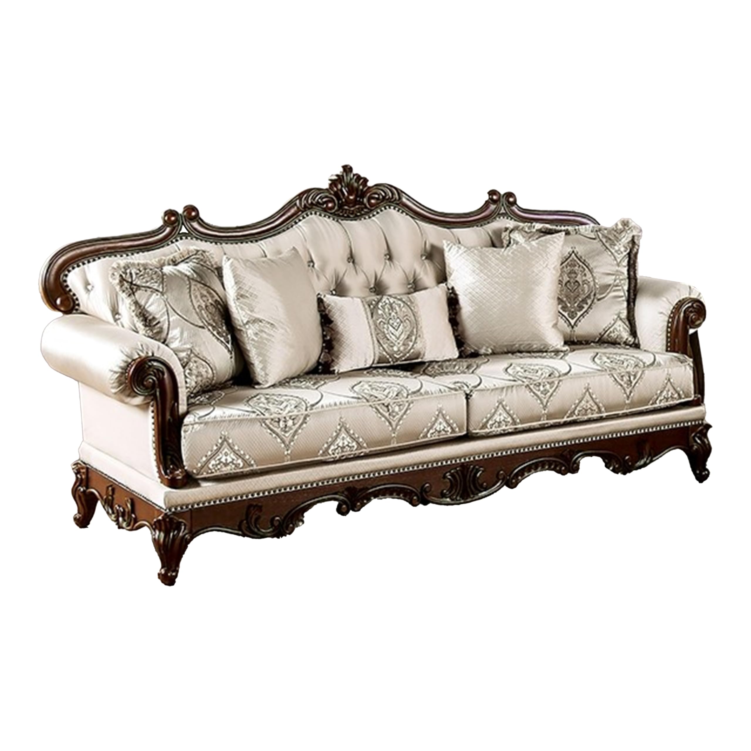 Vera 90 Inch Sofa, Button Tufted Beige Rolled Arms, Cherry Brown Solid Wood