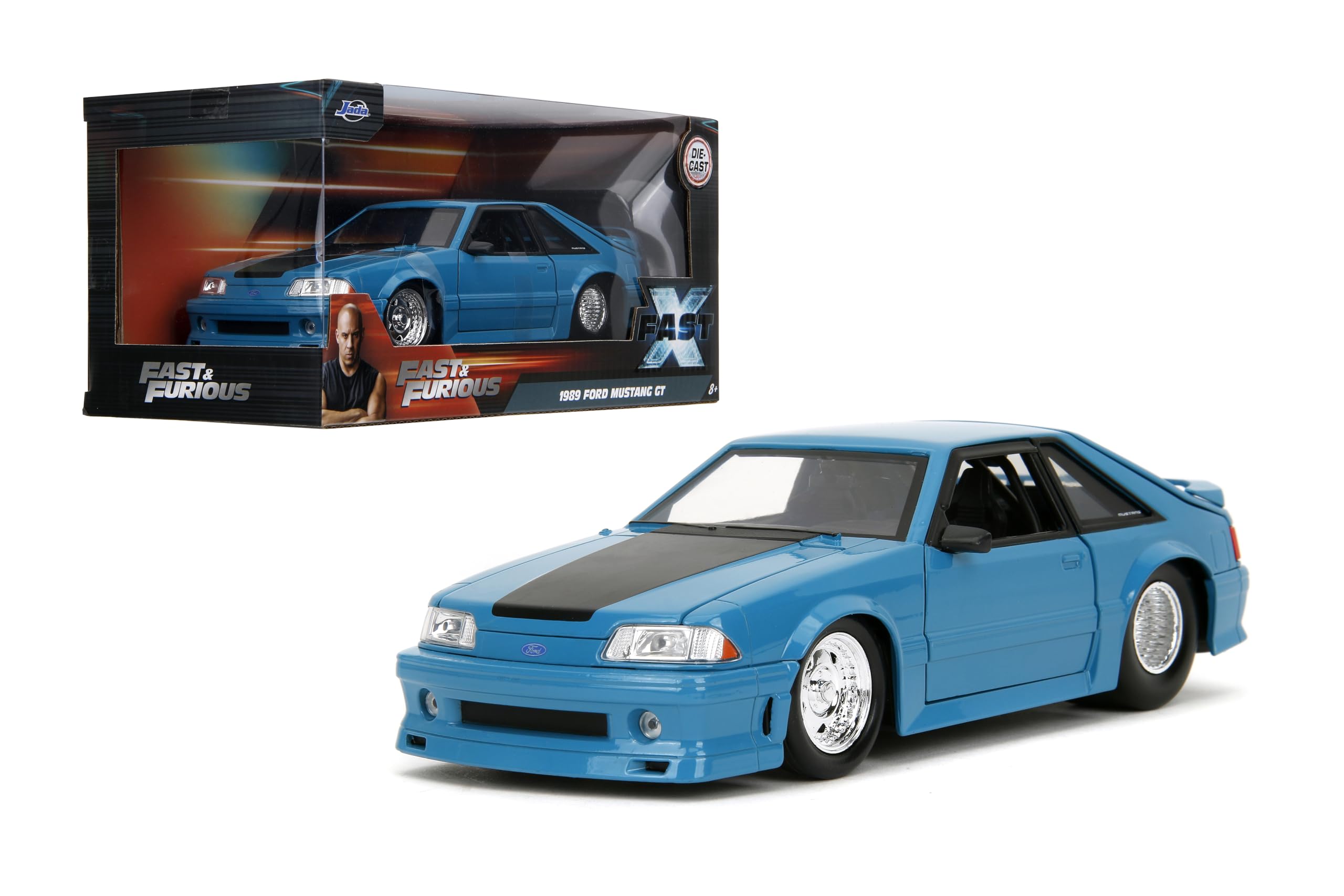1989 Ford Mustang GT Blue with Black Hood Stripes Fast & Furious Series 1/24 Diecast Model Car by Jada