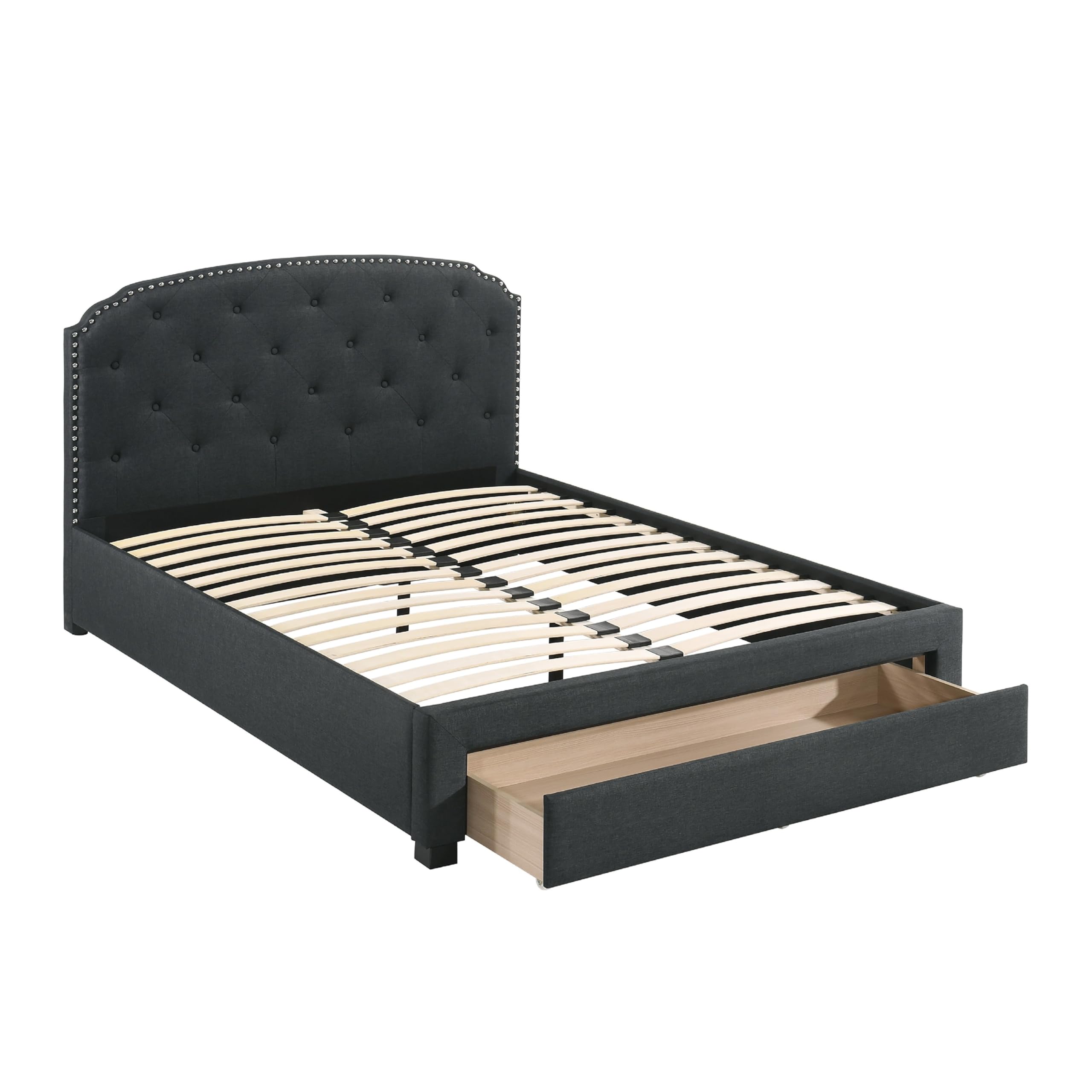 Mry King Size Bed, Charcoal Gray Upholstery, Footboard Storage Drawer