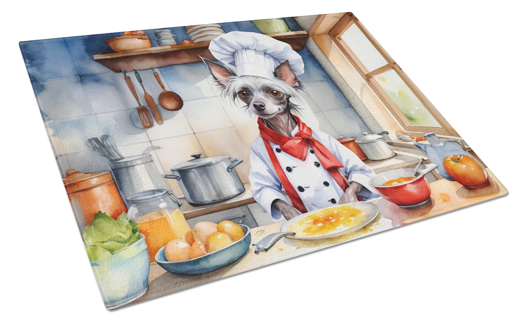 Carolines Treasures DAC6231LCB Chinese Crested The Chef Glass Cutting Board Decorative Tempered Glass Kitchen Cutting and Serving Board Large Size Chopping Board