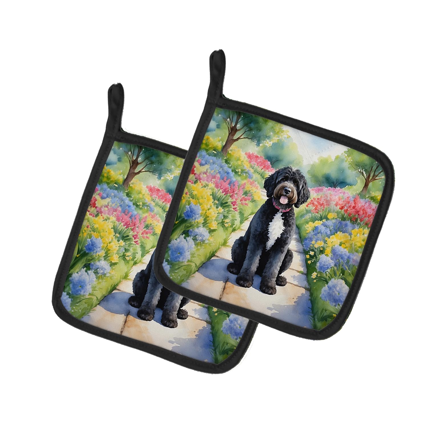 Portuguese Water Dog Spring Path Pair of Pot Holders