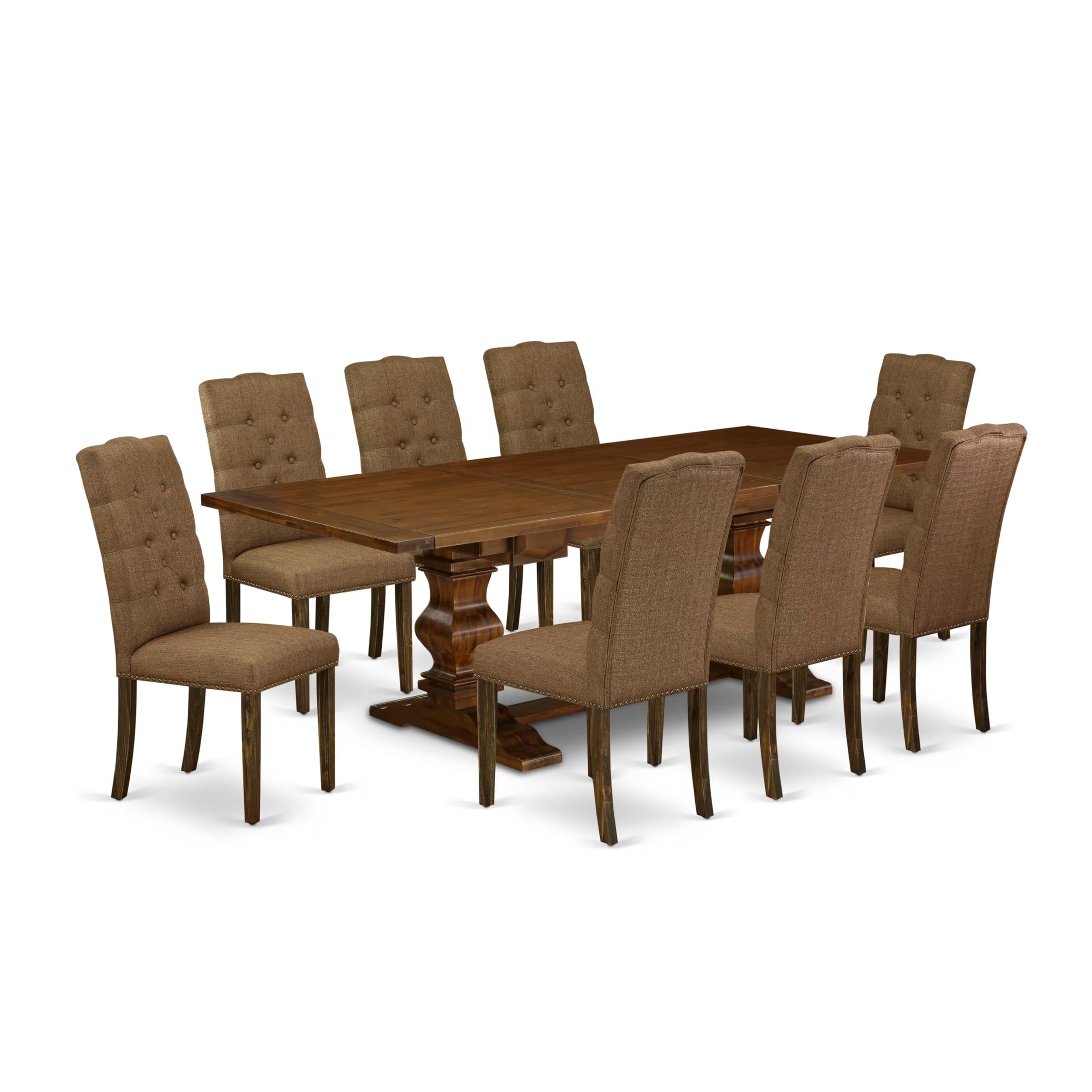 9-piece with Chairs Legs and Brown Beige Linen Fabric