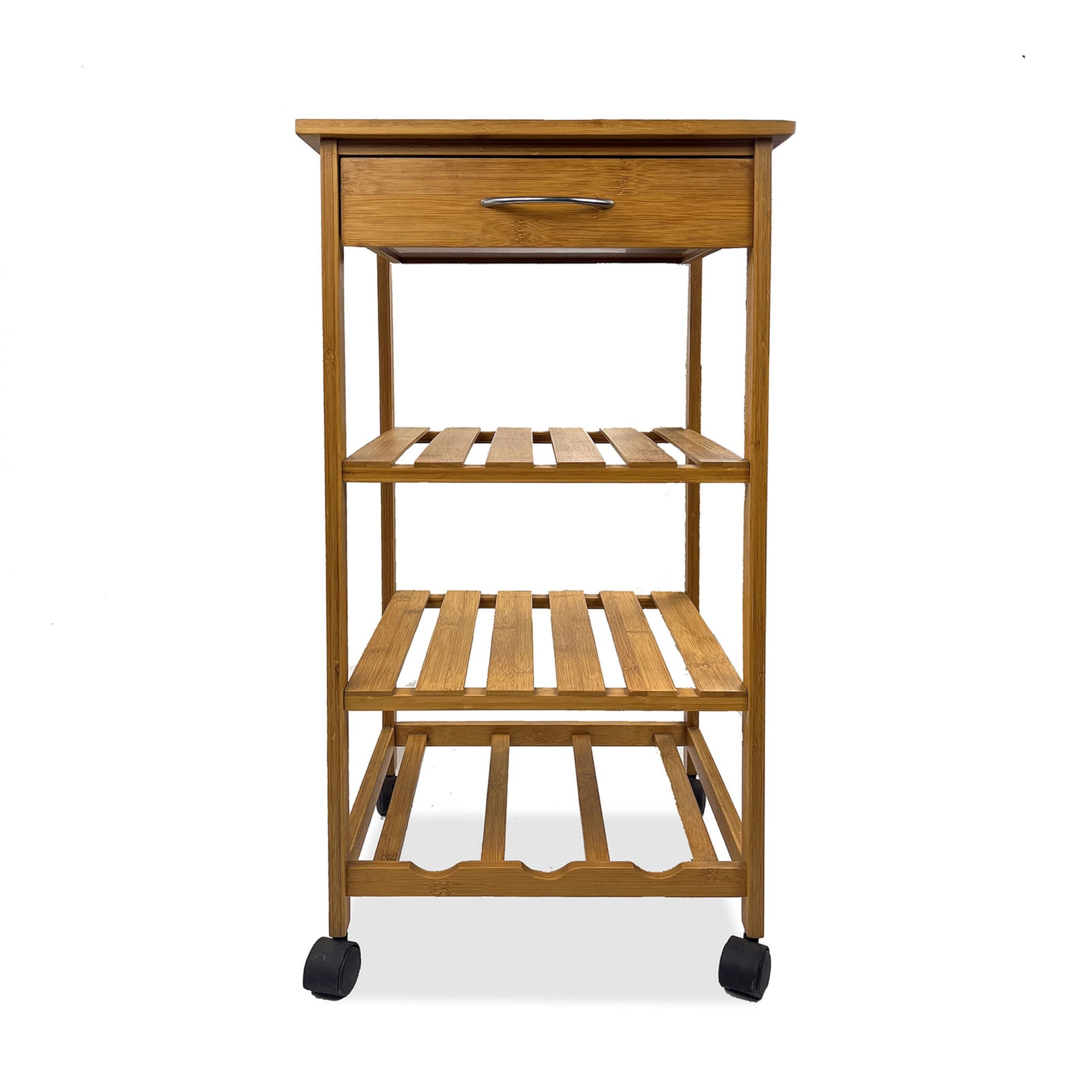 Harry Kitchen Bar Cart, 1 Drawer, 3 Shelves, Brown Bamboo, Rolling Wheels