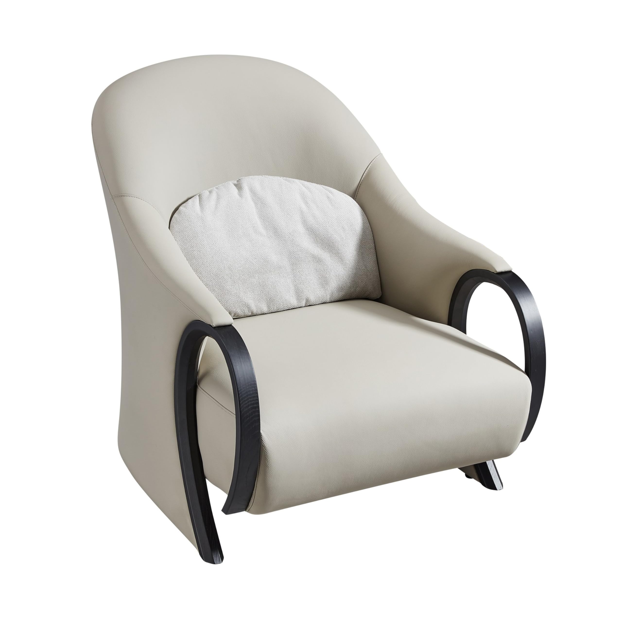 Semi 38 Inch Accent Chair, Curved Tall Back, Gray Real Leather, Solid Wood