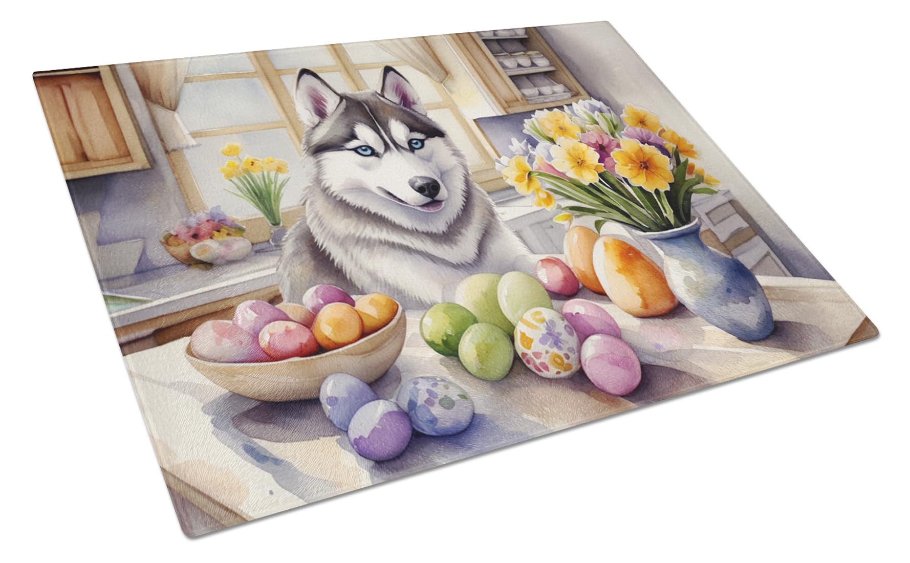 Carolines Treasures DAC6903LCB Decorating Easter Siberian Husky Glass Cutting Board Decorative Tempered Glass Kitchen Cutting and Serving Board Large Size Chopping Board