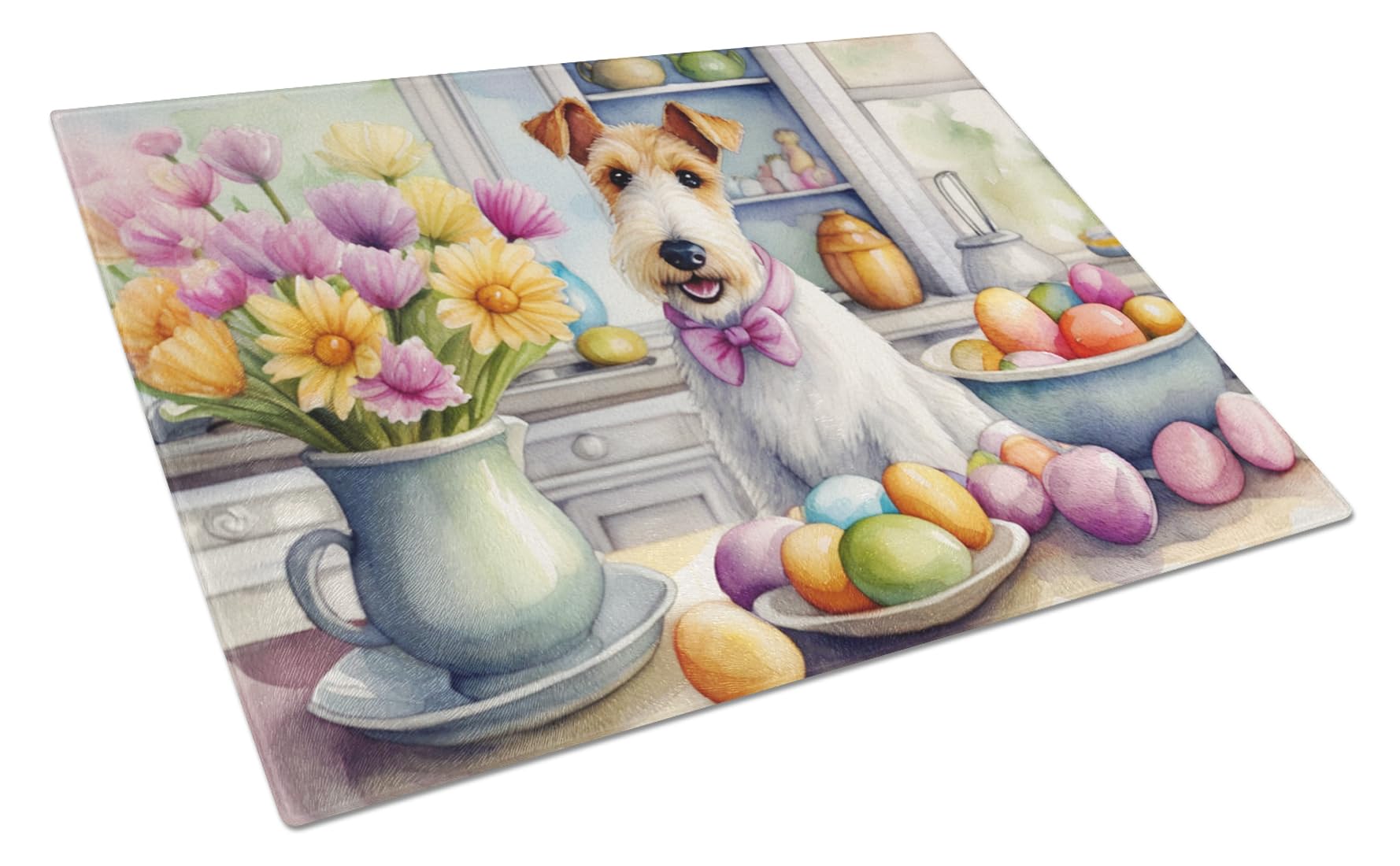 Carolines Treasures DAC6813LCB Decorating Easter Fox Terrier Glass Cutting Board Decorative Tempered Glass Kitchen Cutting and Serving Board Large Size Chopping Board