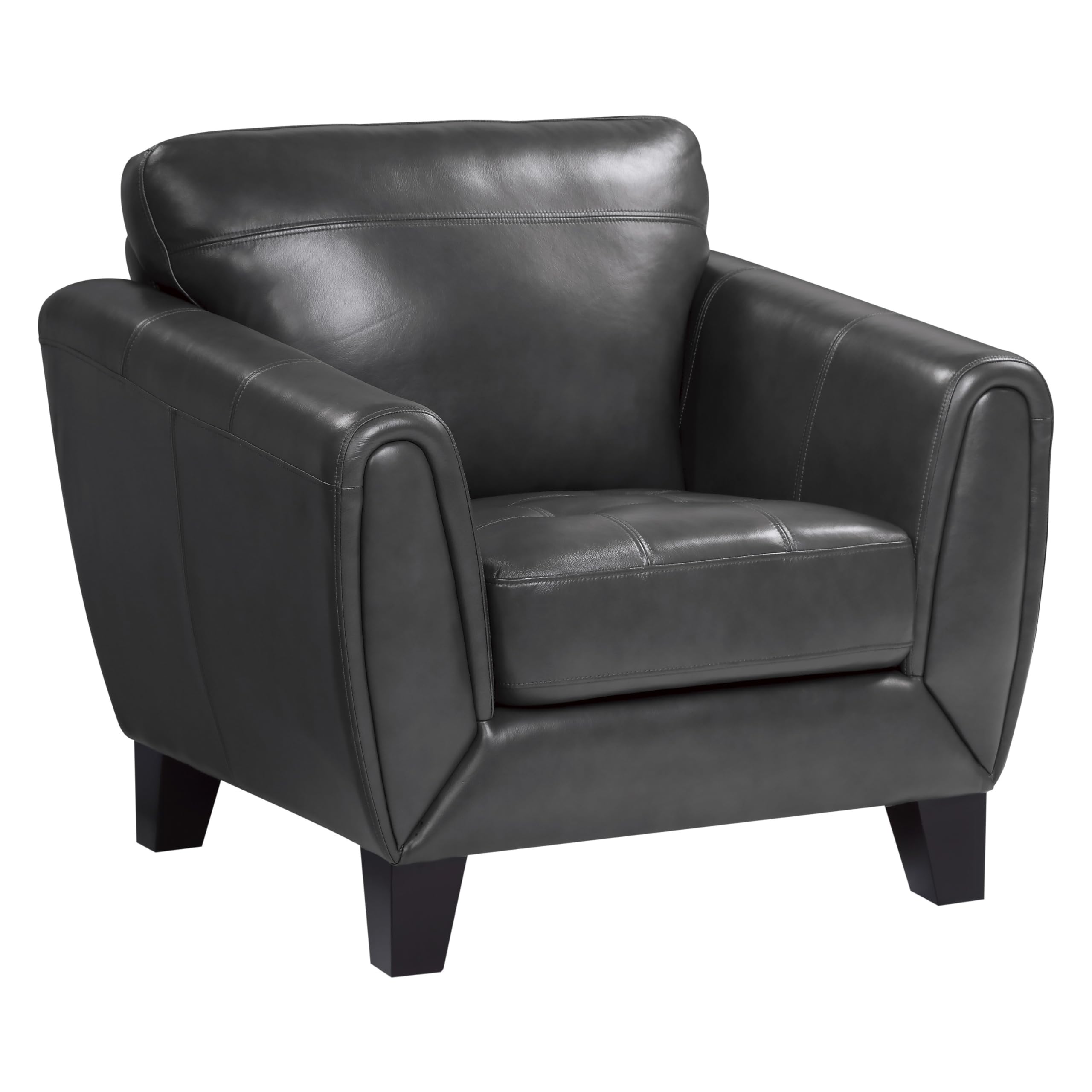 Sofy 37 Inch Accent Chair, Dark Gray Top Grain and Faux Leather, Solid Wood