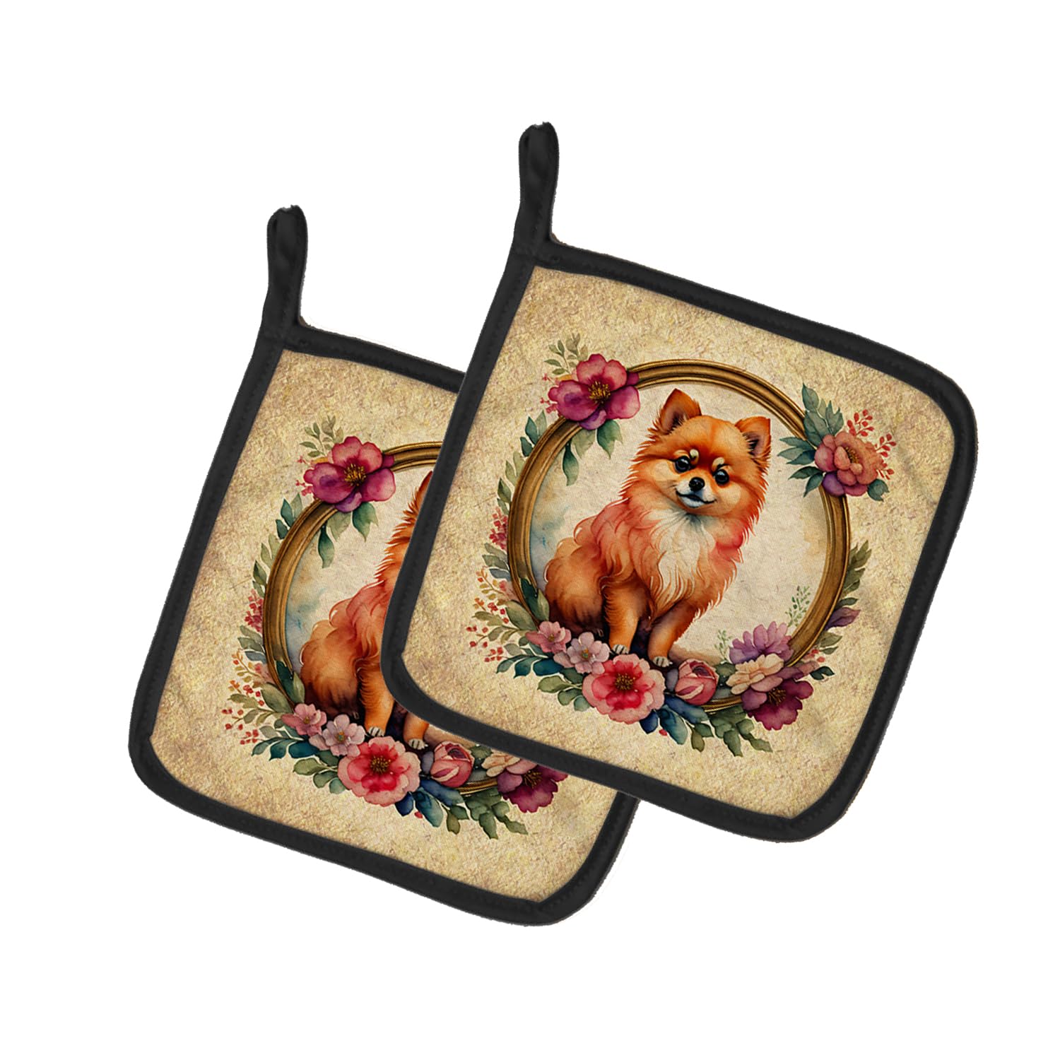 Pomeranian and Flowers Pair of Pot Holders