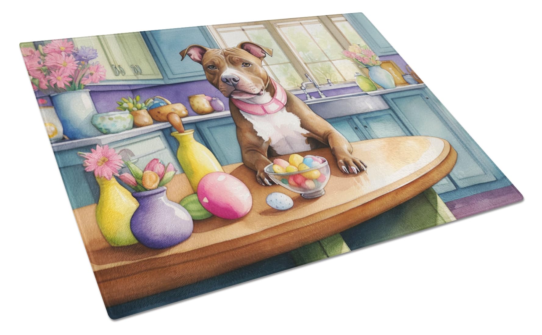 Carolines Treasures DAC6868LCB Decorating Easter Pit Bull Terrier Glass Cutting Board Decorative Tempered Glass Kitchen Cutting and Serving Board Large Size Chopping Board