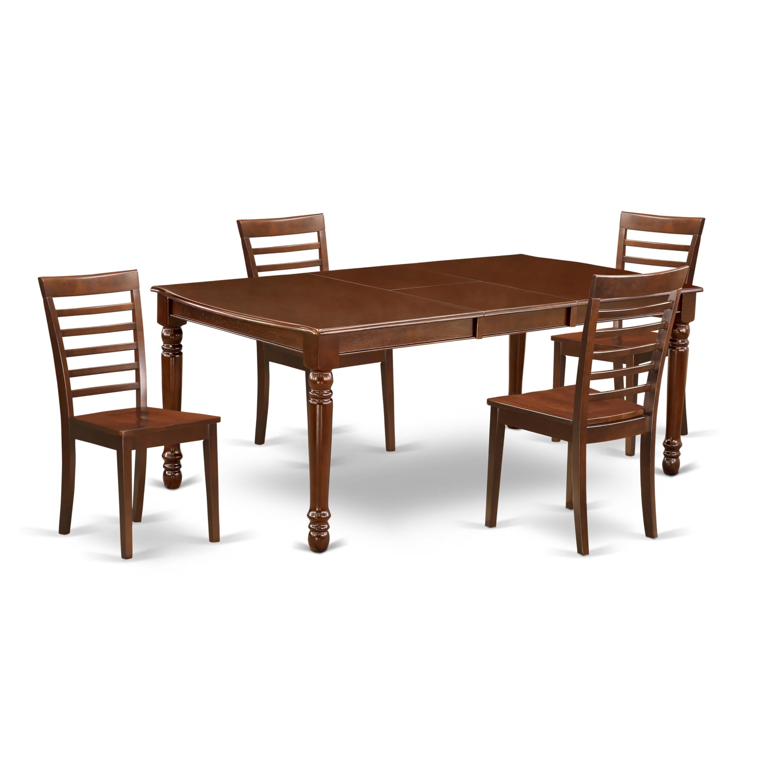 DOML5-MAH-W 5Pc Rectangle 60/78 Inch Family Table With 18 In Leaf And 4 Wood Seat Dining Chairs