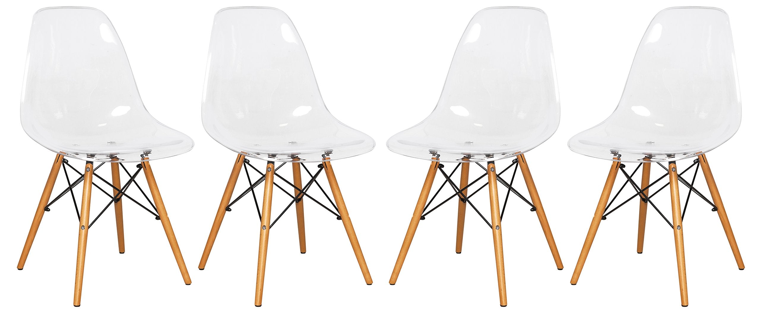 Leisuremod Dover Plastic Molded Dining Side Chair With Wood Dowel Legs, Set Of 4 (Clear)