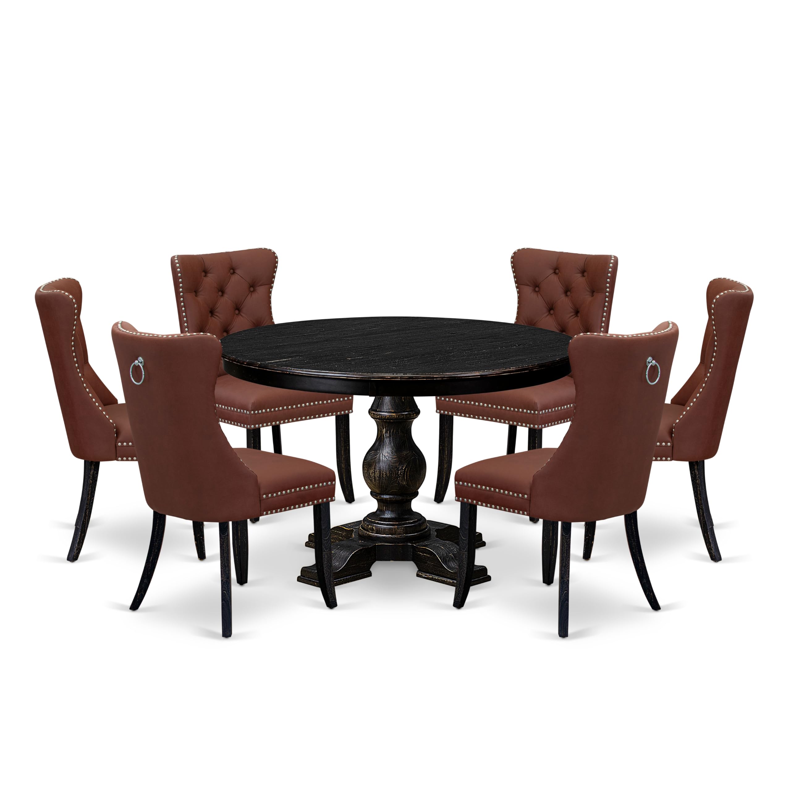 7 Piece Dining Table Set Includes 48 Round Table In Burgandy Color
